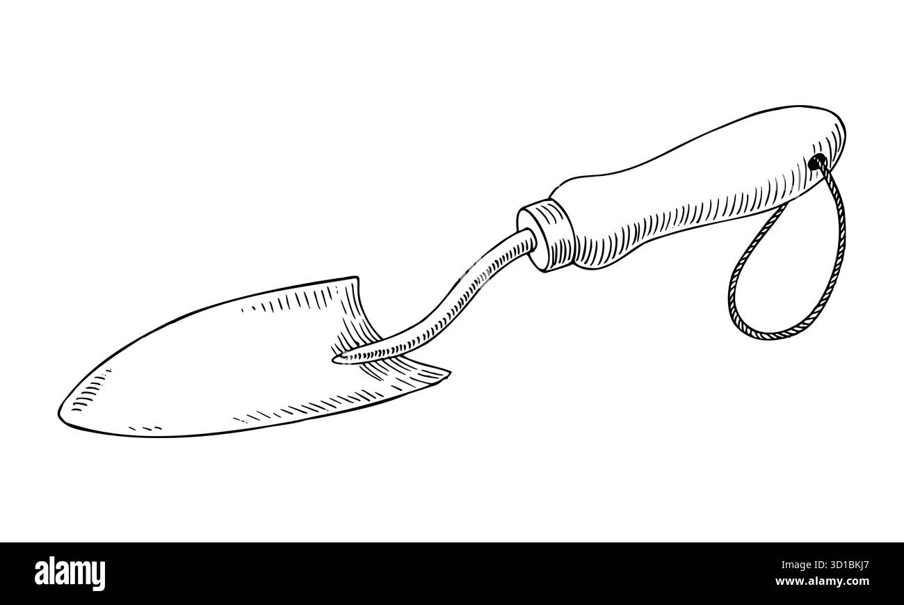 Cazzuola. Illustrazione realizzata a mano in stile inchiostro vettoriale. Per il design dell'imballaggio, le schede, la copertina, le stampe, le etichette dei prodotti e il tessuto. Illustrazione Vettoriale