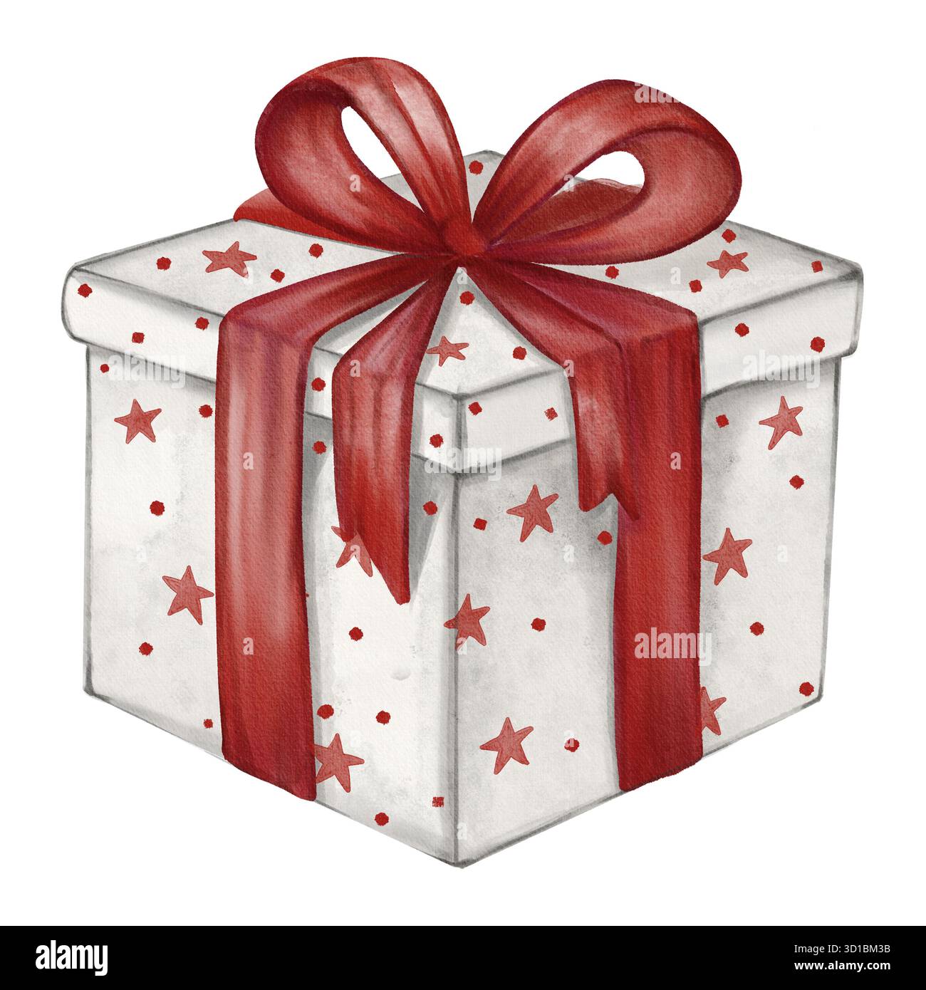 Illustrazione ad acquerello di una confezione regalo con un fiocco rosso, dipinta in un intimo stile disegnato a mano. Perfetto per biglietti di Natale e confezioni natalizie Foto Stock