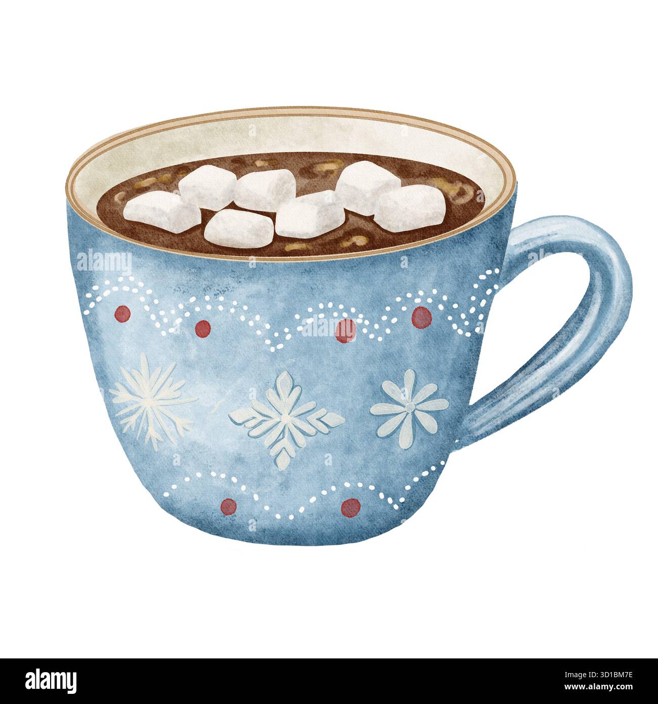 Illustrazione ad acquerello di una tazza blu ripiena di cioccolata calda e marshmallow in un intimo stile dipinto a mano. Perfetto per biglietti invernali e menu di caffè Foto Stock