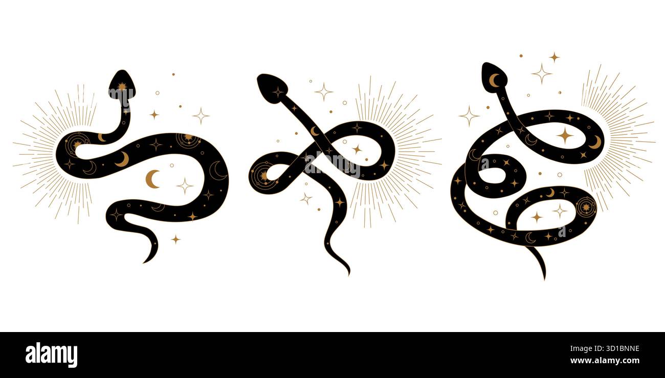 Serpenti sacri stilizzati in modelli geometrici mistici che rappresentano il risveglio Kundalini. Illustrazione simbolica della guarigione della trasformazione del flusso di energia Illustrazione Vettoriale