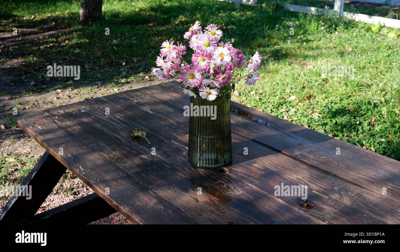 Fiori colorati in un vaso si distinguono su un rustico tavolo di legno in un parco. Foto Stock