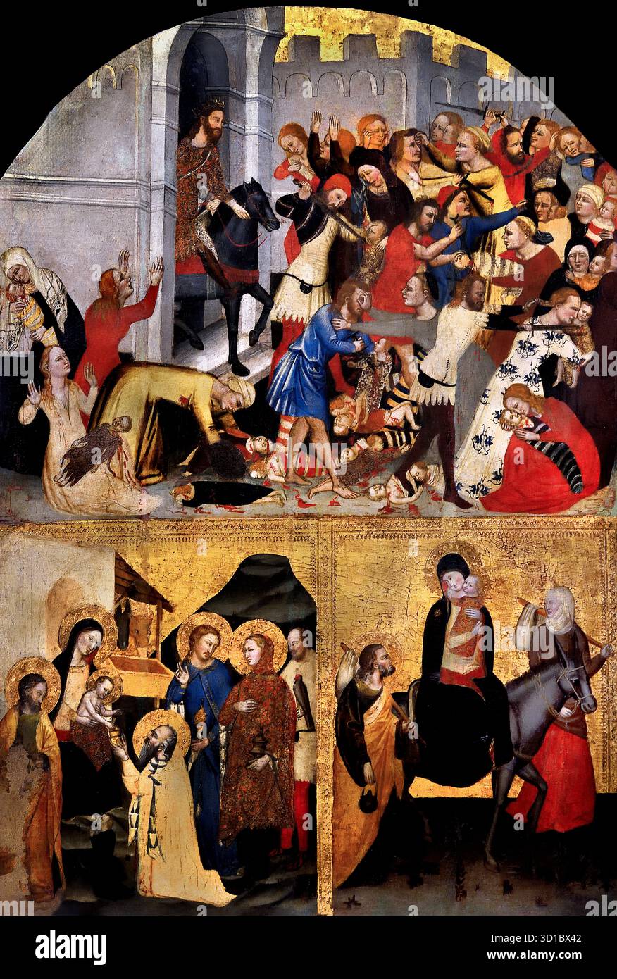 Massacro degli innocenti, Adorazione dei Magi, fuga in Egitto, tempera su tavola, 1375-1385, BOTTEGA DI JACOPO DI CIONE, Galleria dell'Accademia, massacro degli innocenti, documentato nella narrazione della natività del Vangelo di Matteo in cui, Erode il grande, re di Giudea, ordina l'esecuzione di tutti i bambini maschi di due anni, e sotto nelle vicinanze di Betlemme. ( Jacopo di Cione (laboratorio), massacro degli innocenti, Adorazione dei Magi e fuga in Egitto, 1375-85) Foto Stock