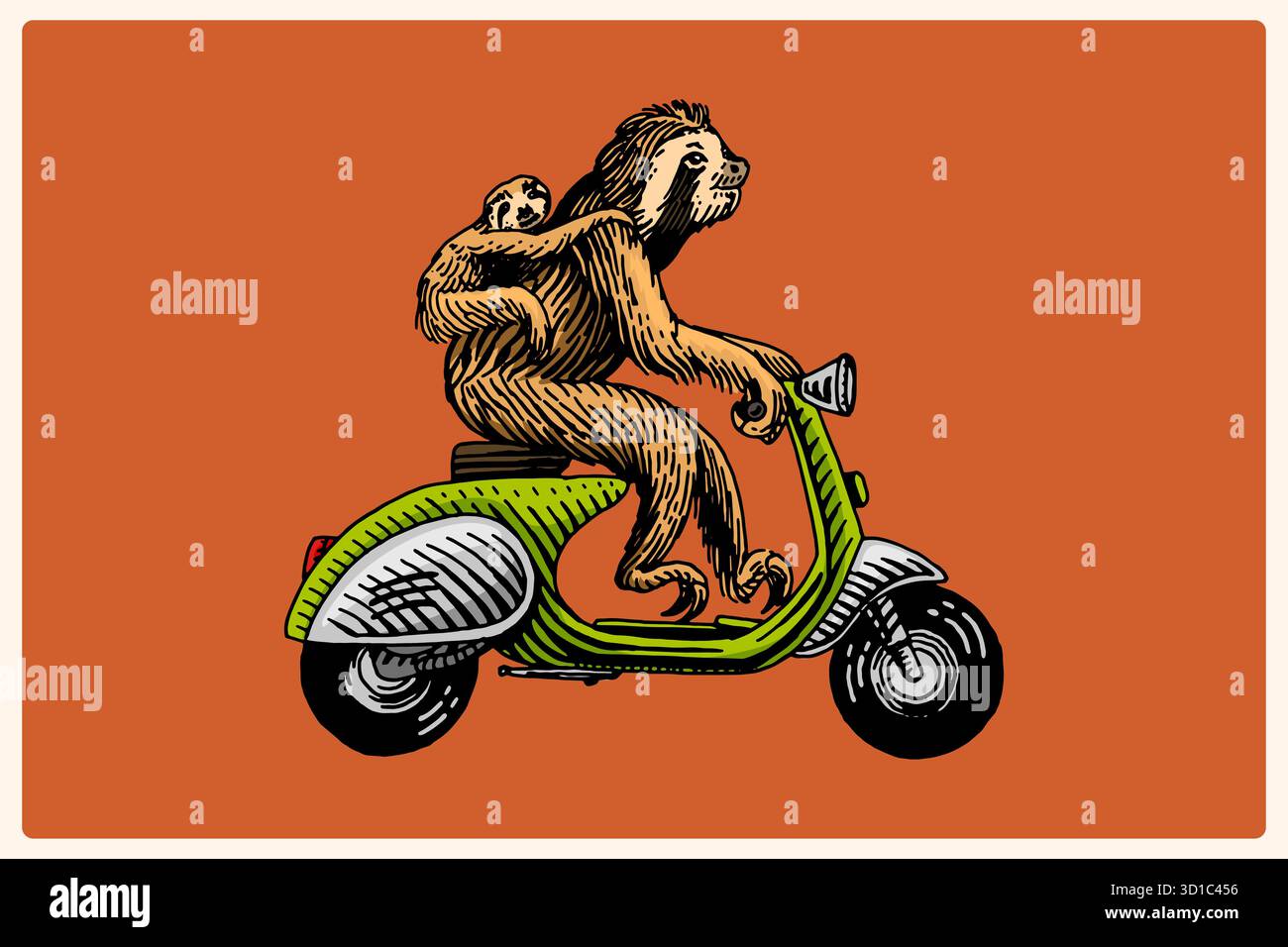 Carino Sloth con un bambino su uno scooter, una moto. Personaggio animale sul veicolo. Concetto moderno in un look vintage. Incisione disegnata a mano, in legno Illustrazione Vettoriale