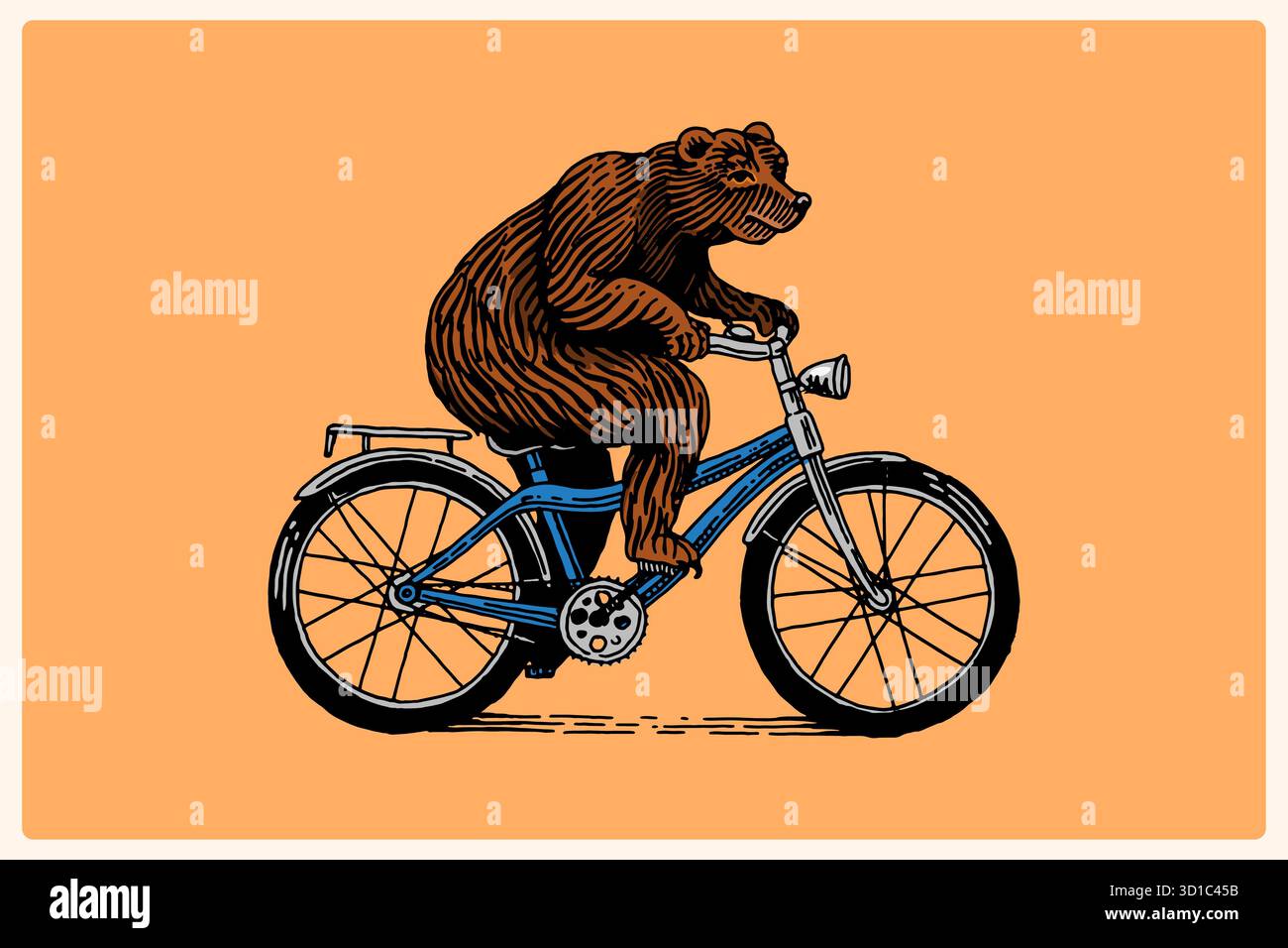 Grizzly orso in bicicletta. Personaggio animale sul veicolo. Concetto moderno in un look vintage. Incisione disegnata a mano, stile xilografico per eventi sportivi, emblemi Illustrazione Vettoriale