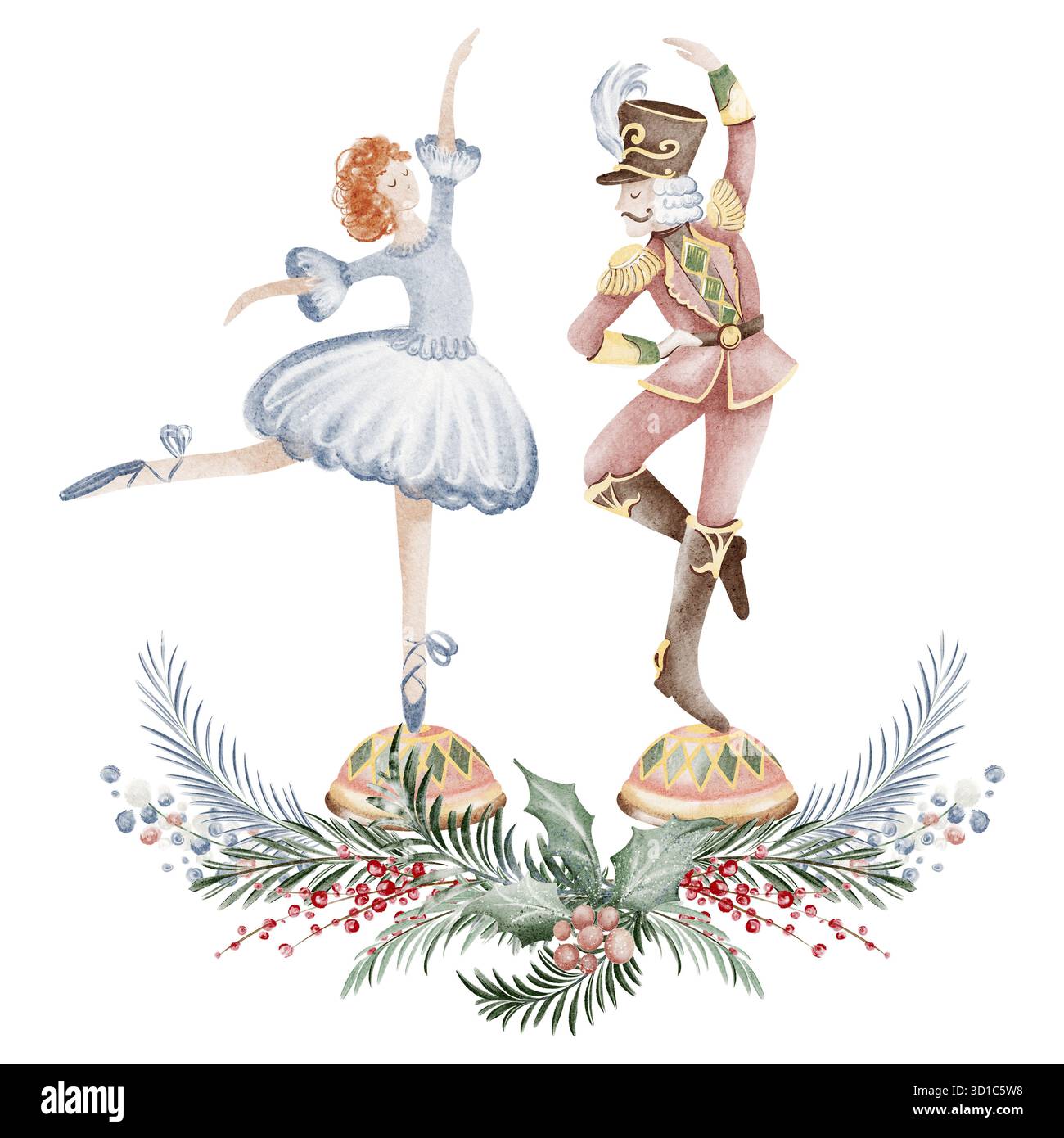 Scena acquerello di ballerino e soldato giocattolo con giocattoli natalizi vintage. Illustrazione per Natale, Capodanno, teatro, carta regalo e design natalizio Foto Stock