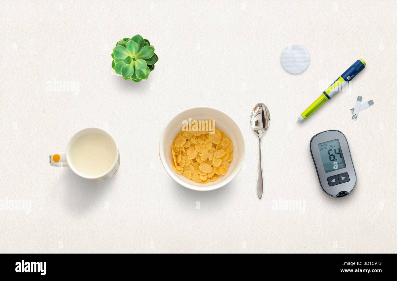 Scena minima con cereali, latte e glucometro, che rappresenta il monitoraggio della salute, la consapevolezza nutrizionale, e gestione dello stile di vita diabetico Foto Stock