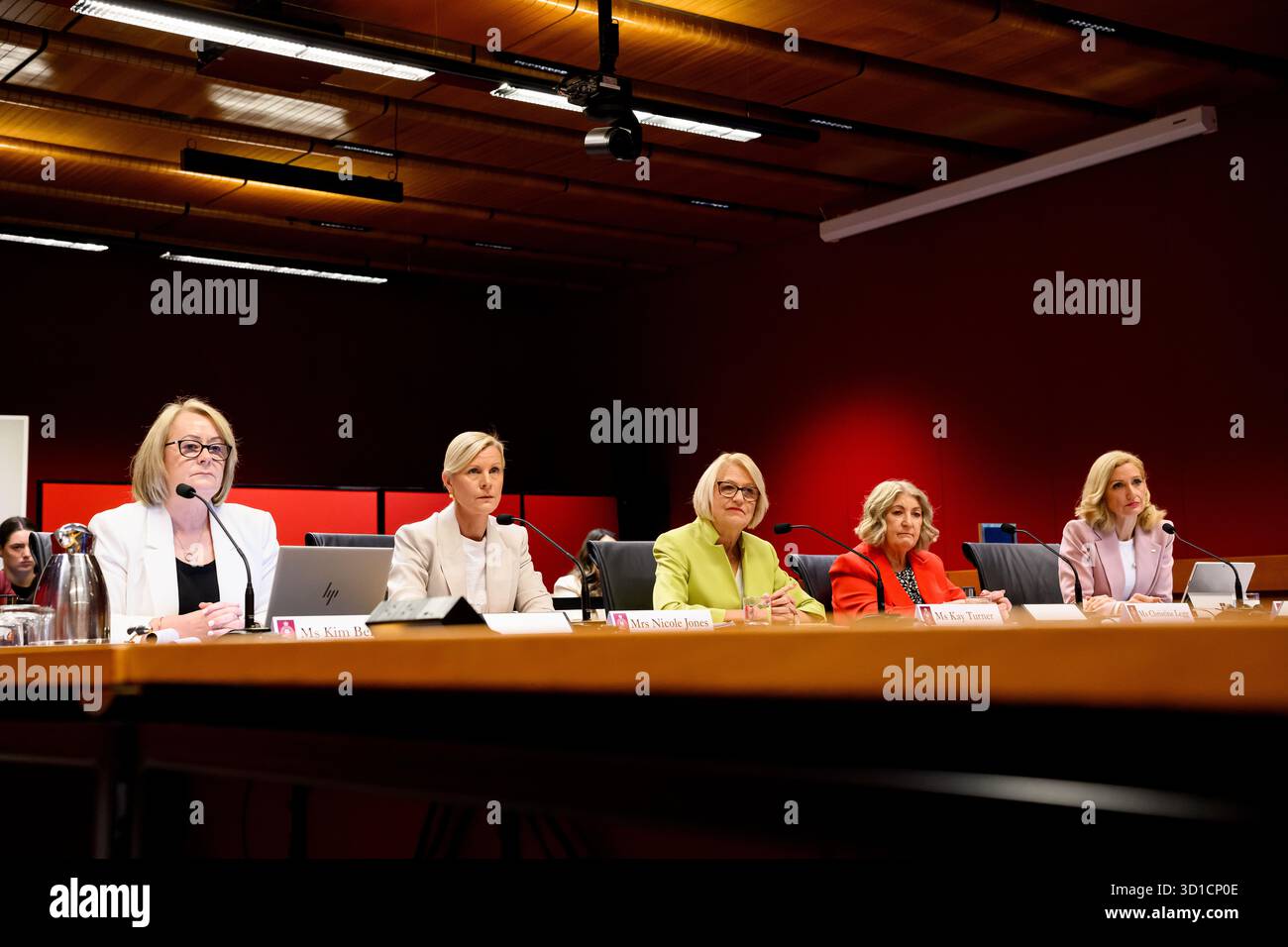 Sydney, Australia. 28 ottobre 2025. (L-R) il CEO di Big Fat Smile Kim Bertino, il CEO di Gowrie NSW Nicole Jones, il CEO di SDN Children's Services Kay Turner, il CEO di KU Children's Services Christine Legg e il CEO di Goodstart Early Learning Dr Ros Baxter parlano come testimoni durante l'indagine parlamentare del Consiglio legislativo del NSW sul settore dell'educazione e della cura della prima infanzia nel NSW presso la NSW Parliament House, a Sydney, martedì 28 ottobre 2025. (AAP Image/Bianca De marchi) NESSUN credito di ARCHIVIAZIONE: Australian Associated Press/Alamy Live News Foto Stock