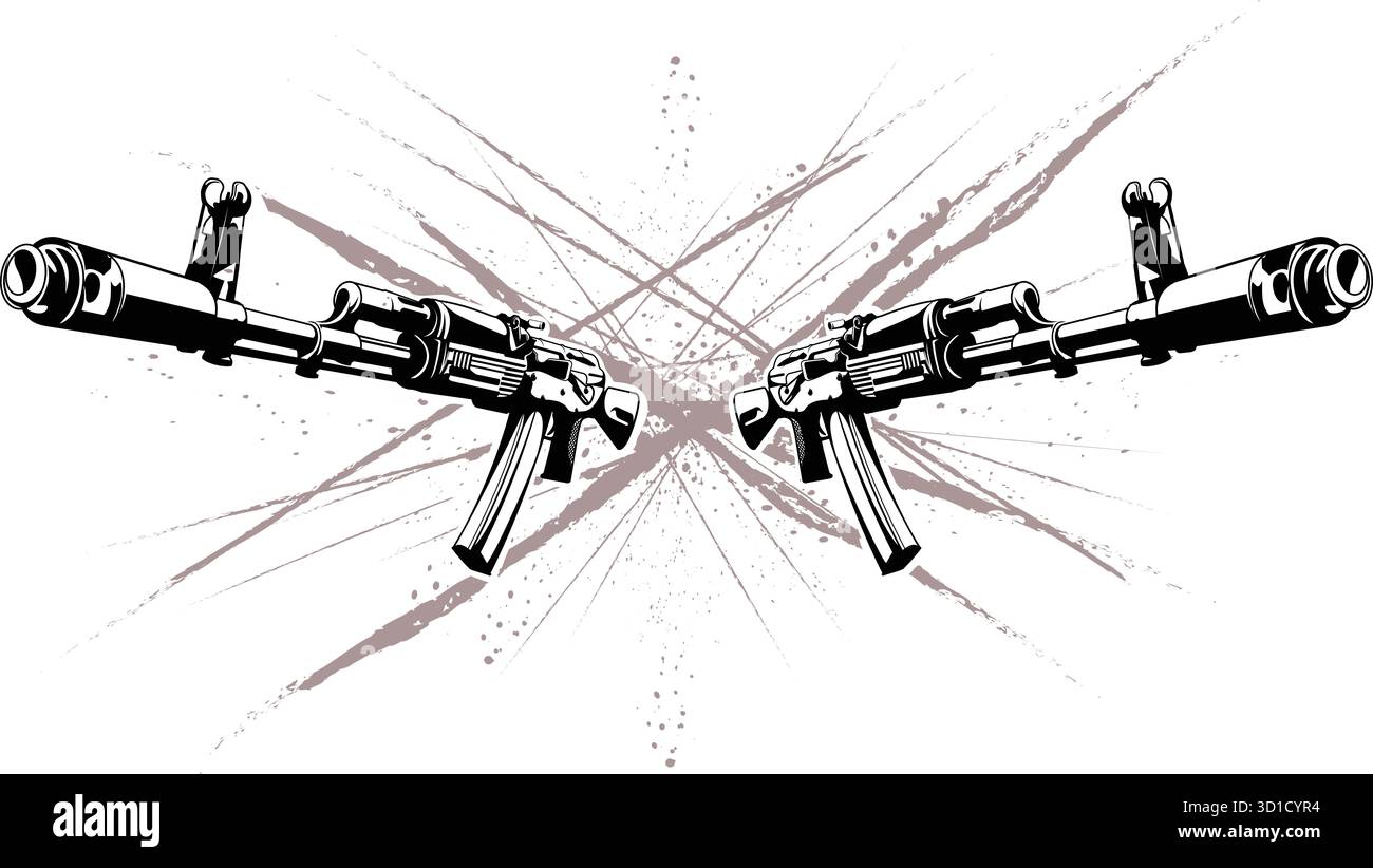 Illustrazione di due fucili d'assalto Kalashnikov sotto forma di tatuaggio su sfondo astratto Foto Stock