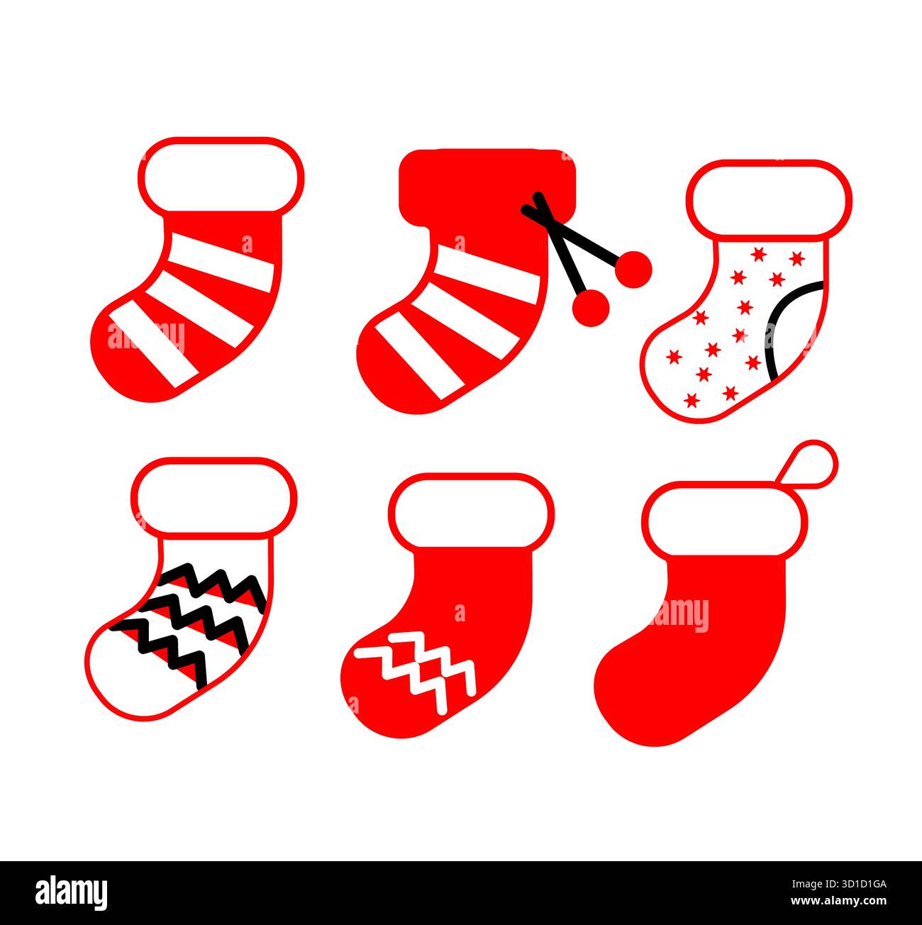 Collezione di calze natalizie per il design delle icone. Illustrazione Vettoriale