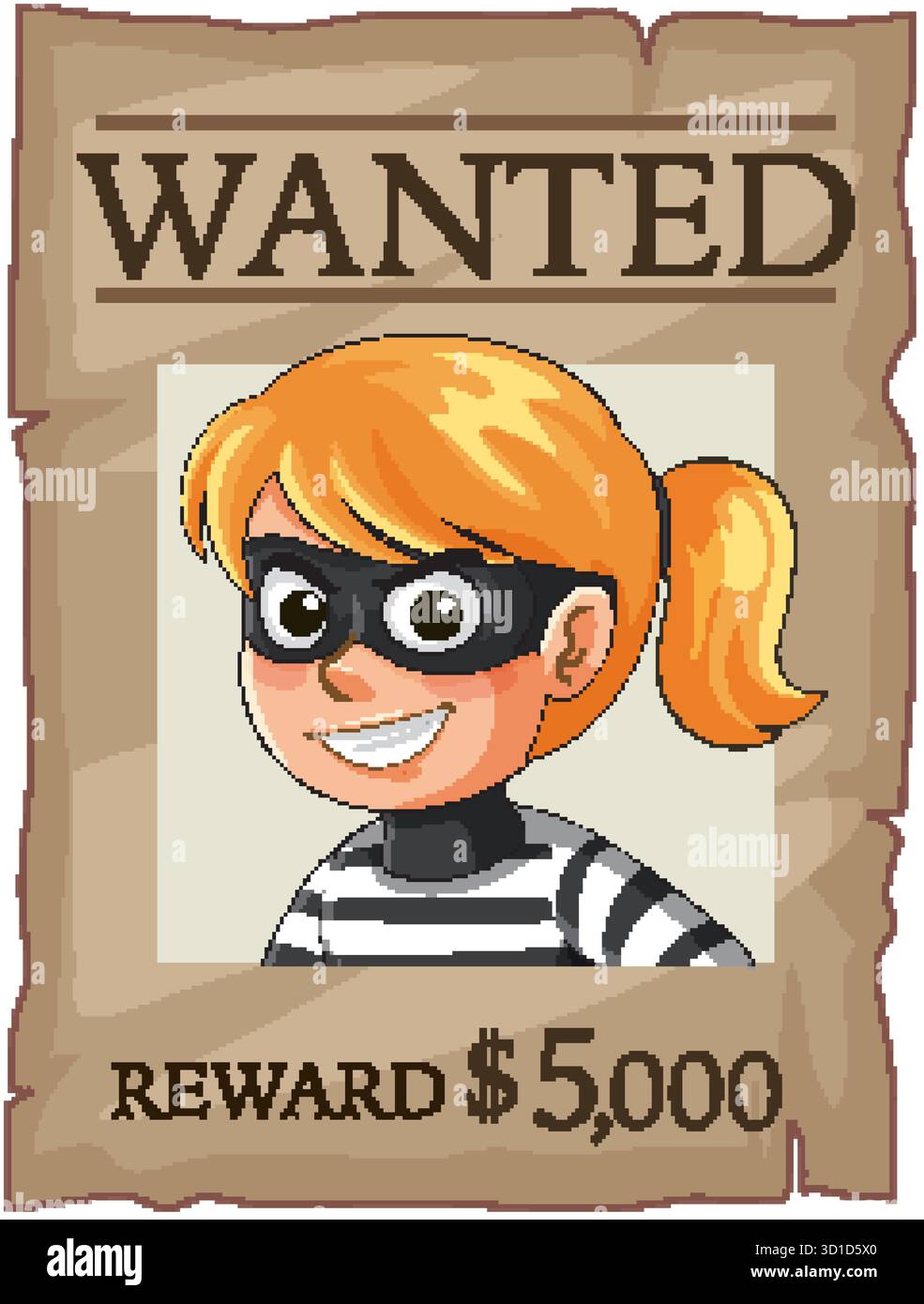 Illustrazione vettoriale del poster Wanted che mostra una ladra mascherata, stile cartoni animati, sfondo in carta marrone Illustrazione Vettoriale