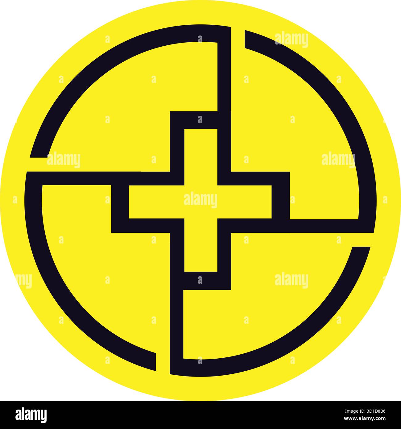 Logo medico geometrico in grassetto: Icona a croce moderna in nero all'interno di un cerchio giallo brillante Illustrazione Vettoriale