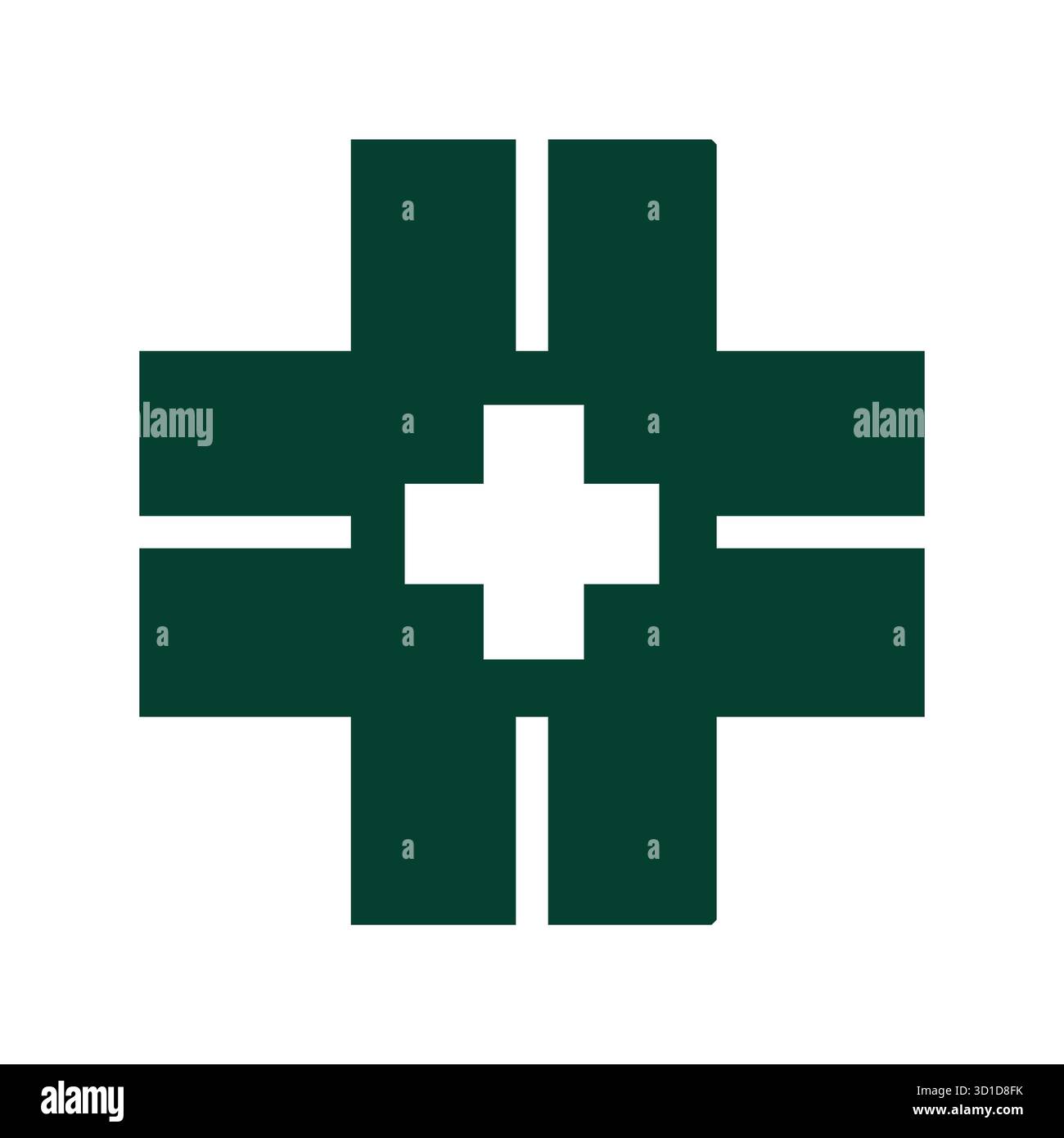 Logo croce medica simmetrica: Solido design verde scuro con Centro spaziale negativo Illustrazione Vettoriale