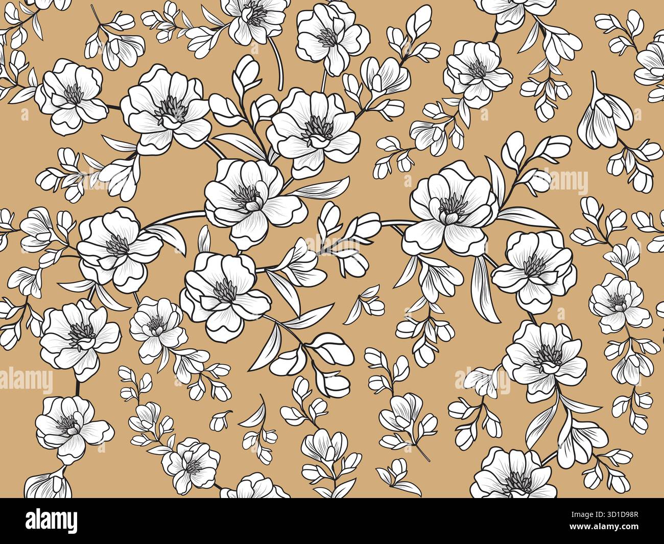 Un motivo floreale senza cuciture in bianco e nero su sfondo beige, adatto per stampe in tessuto, indumenti, carte da parati, carta da imballaggio e othe Illustrazione Vettoriale