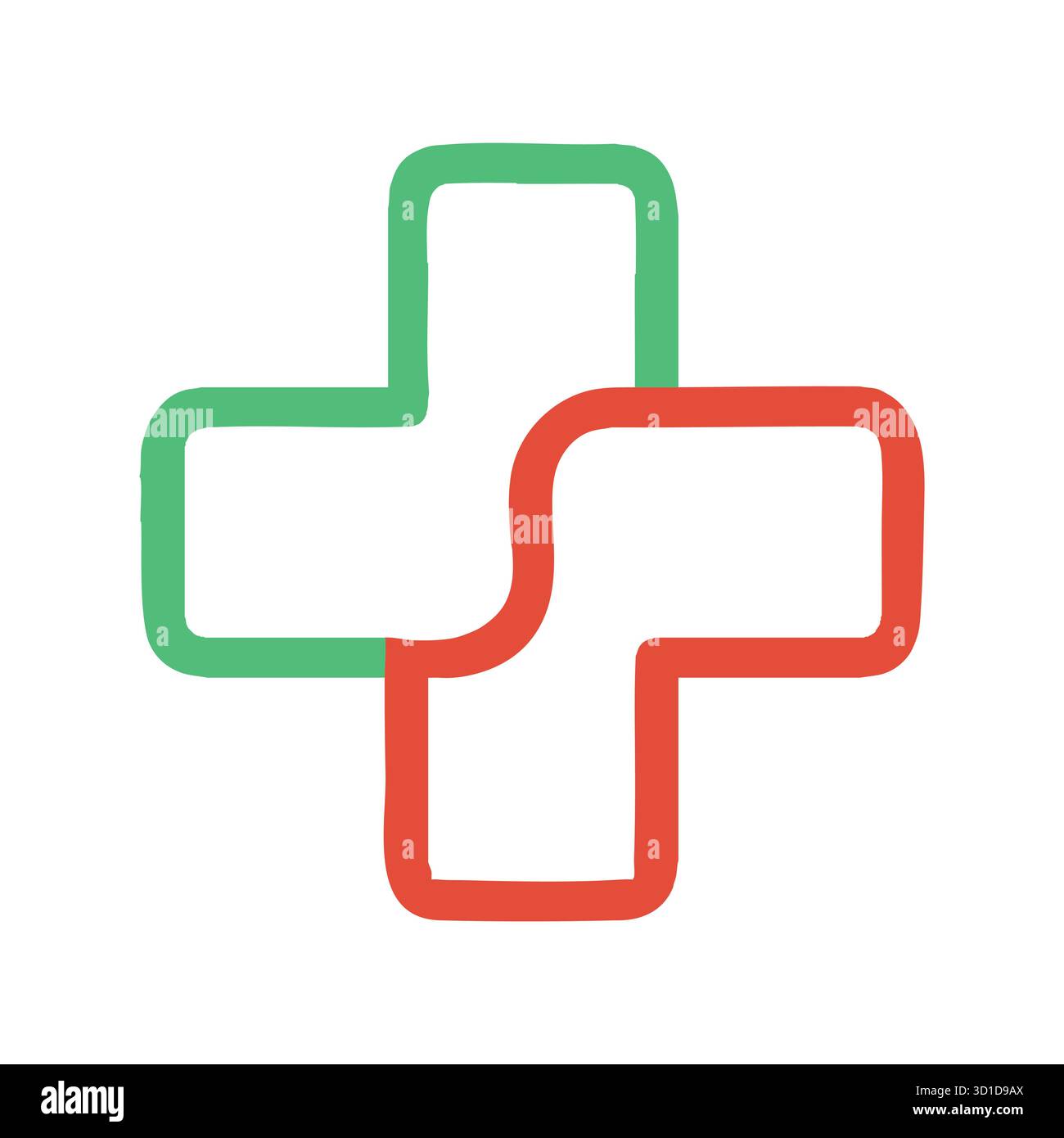 Salute interconnessa: Design moderno, disegnato a mano del logo della croce medica in verde e rosso Illustrazione Vettoriale