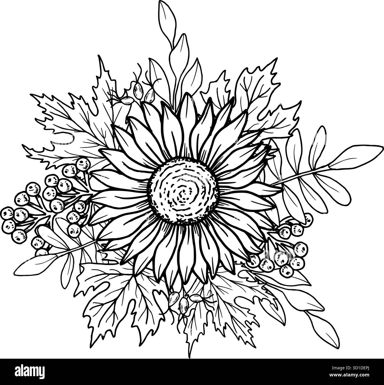 Fiore di girasole con rosa fianchi, frutti di bosco e foglie d'acero. Illustrazione vettoriale di una composizione botanica. Grafica nera disegnata a mano. Art linea f Illustrazione Vettoriale