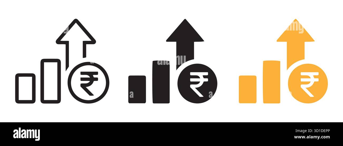 Icone di crescita finanziaria con simbolo di rupia. Grafico a barre e design con freccia verso l'alto per analisi di investimenti, economia e business. Illustrazione Vettoriale