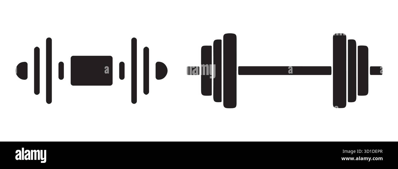 Icone delle attrezzature per il sollevamento pesi. Silhouette con manubri e campanelli per il fitness Design. Illustrazione Vettoriale