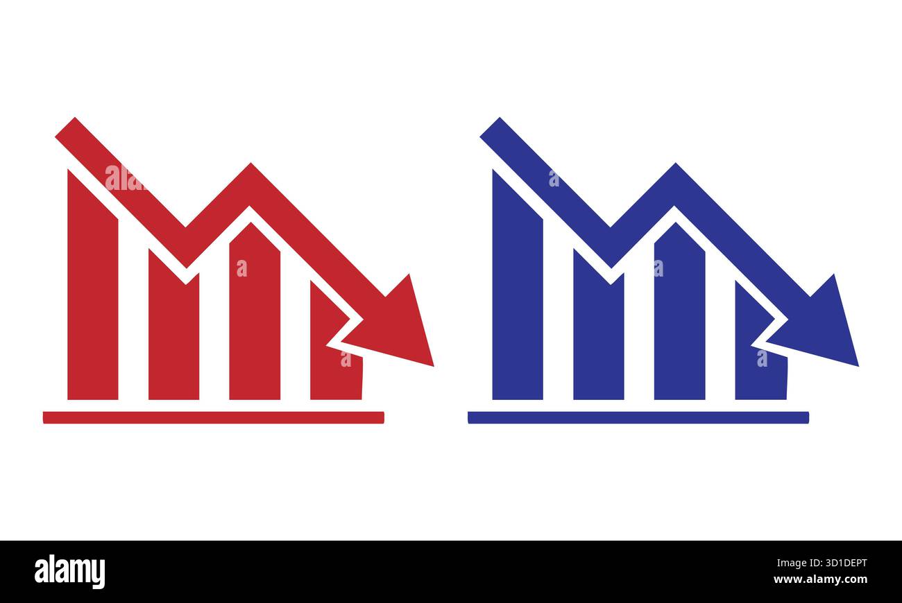 Rifiuta icone grafico. Grafici a barre rossi e blu con frecce verso il basso. Illustrazione Vettoriale