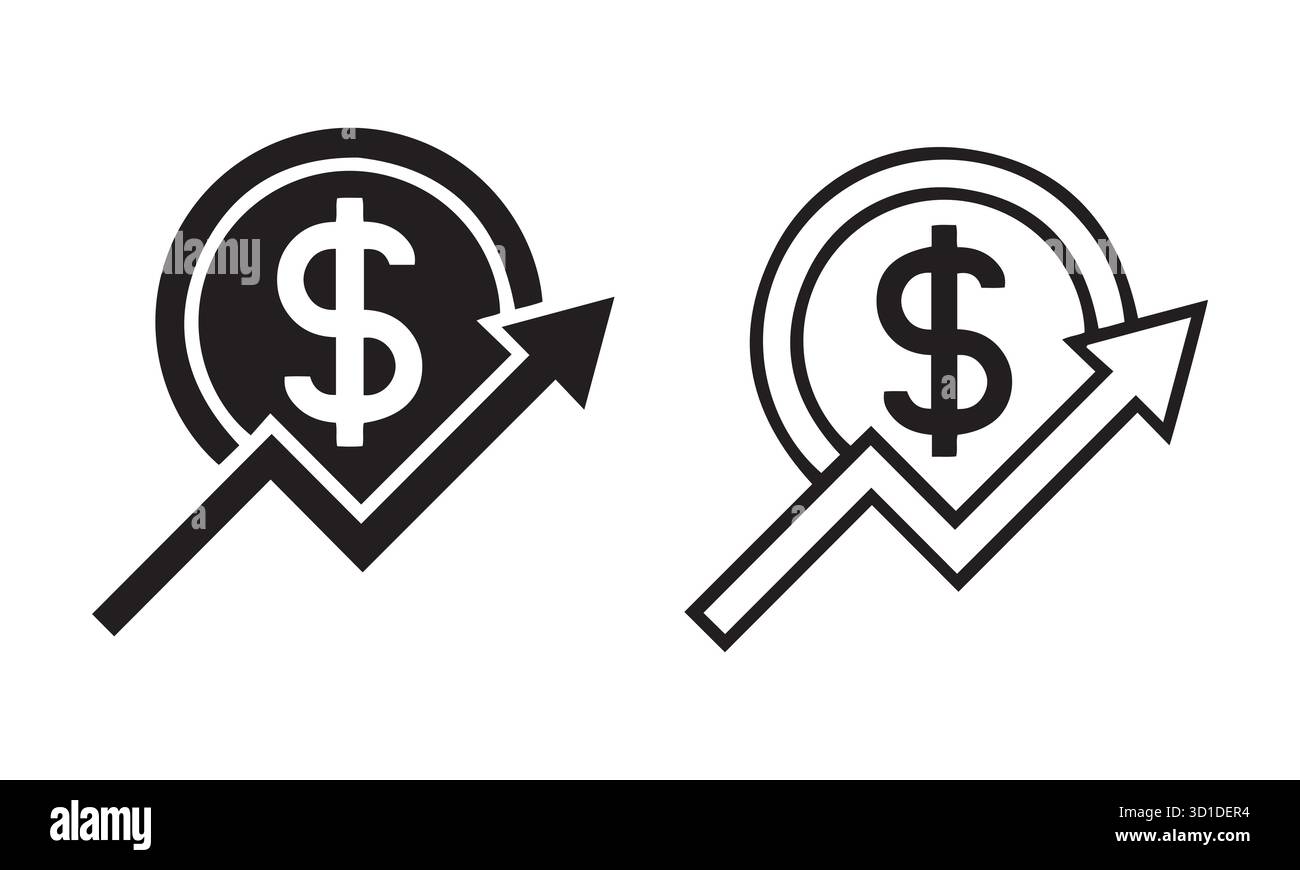 Icone di crescita finanziaria. Simbolo del dollaro con set vettoriale freccia verso l'alto. Illustrazione Vettoriale