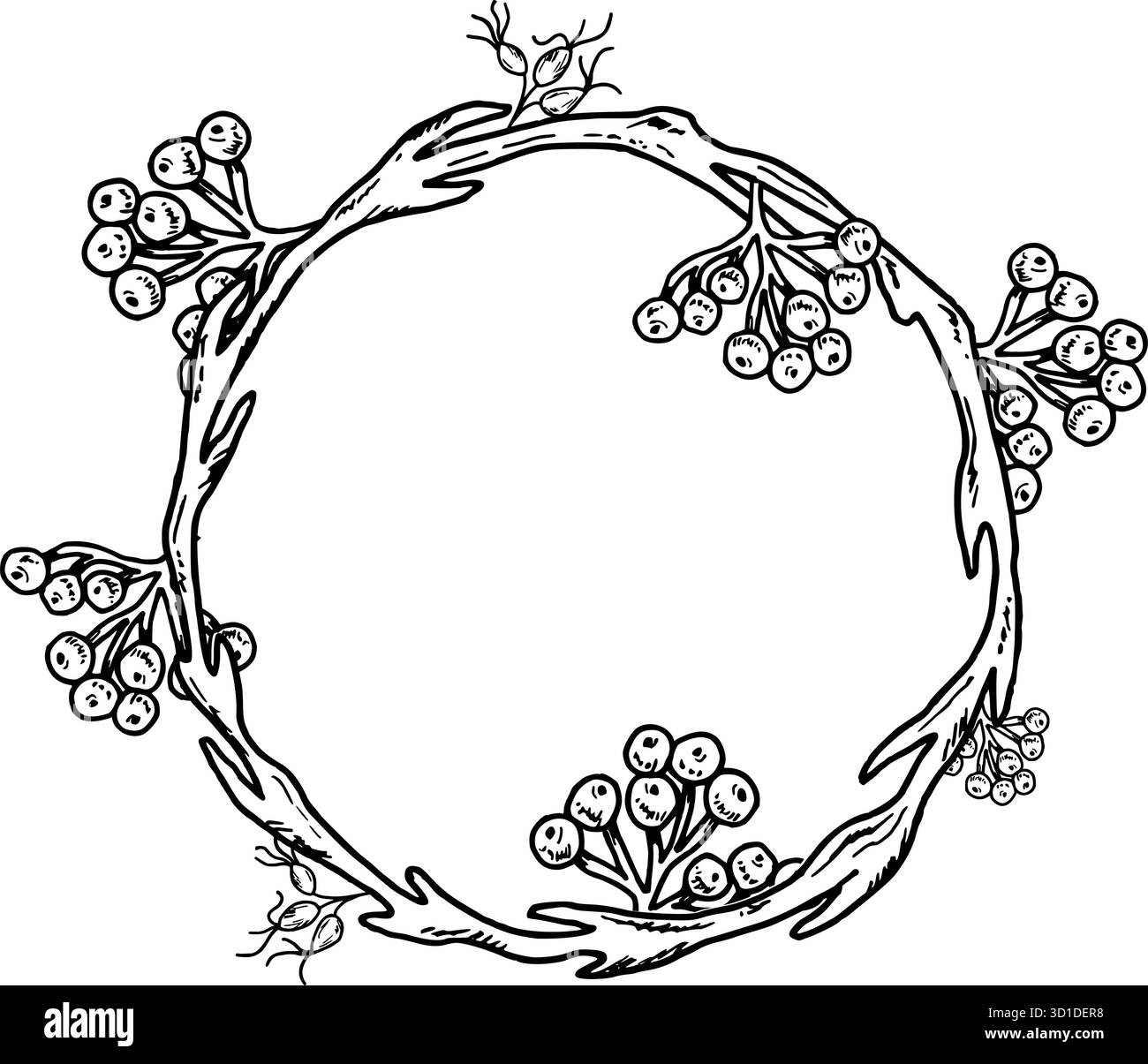 Una corona intrecciata di rami e ammassi di rosa anche e bacche di rowan. Illustrazione vettoriale di una cornice botanica. Grafica nera disegnata a mano. Linea Illustrazione Vettoriale