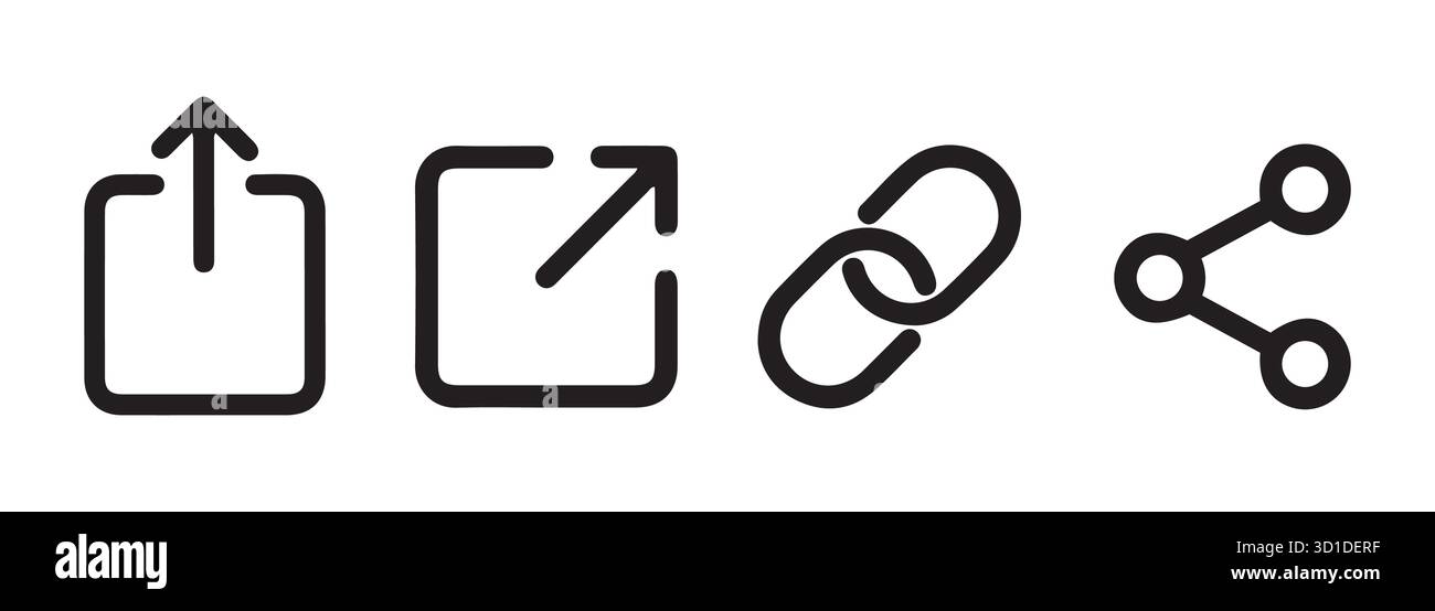 Set di icone azione digitale. Condividi, collegamento esterno, collegamento ipertestuale e simboli di connessione. Illustrazione Vettoriale