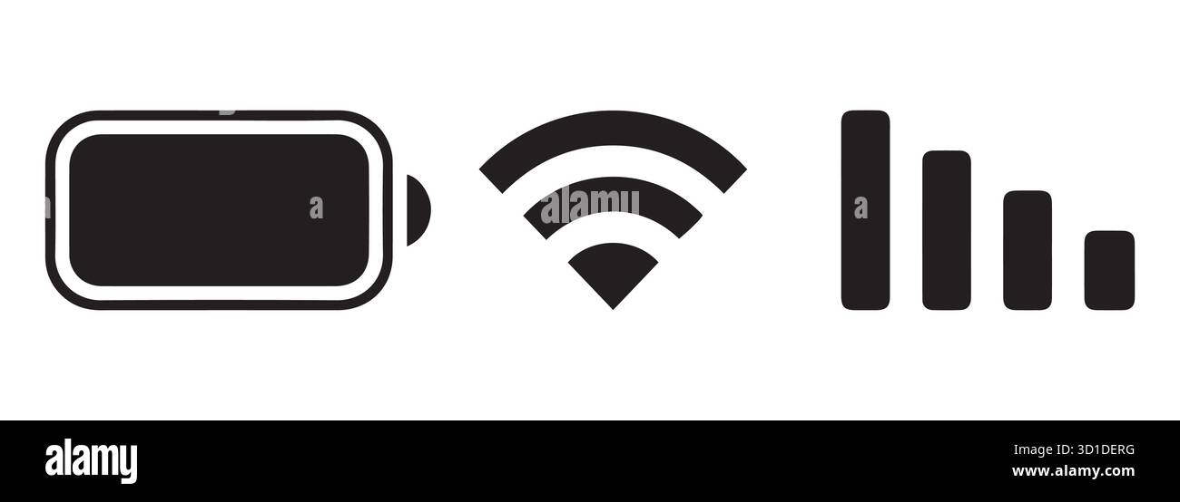 Icone di stato del dispositivo. Batteria, Wi-Fi e set di vettori di segnale cellulare. Illustrazione Vettoriale