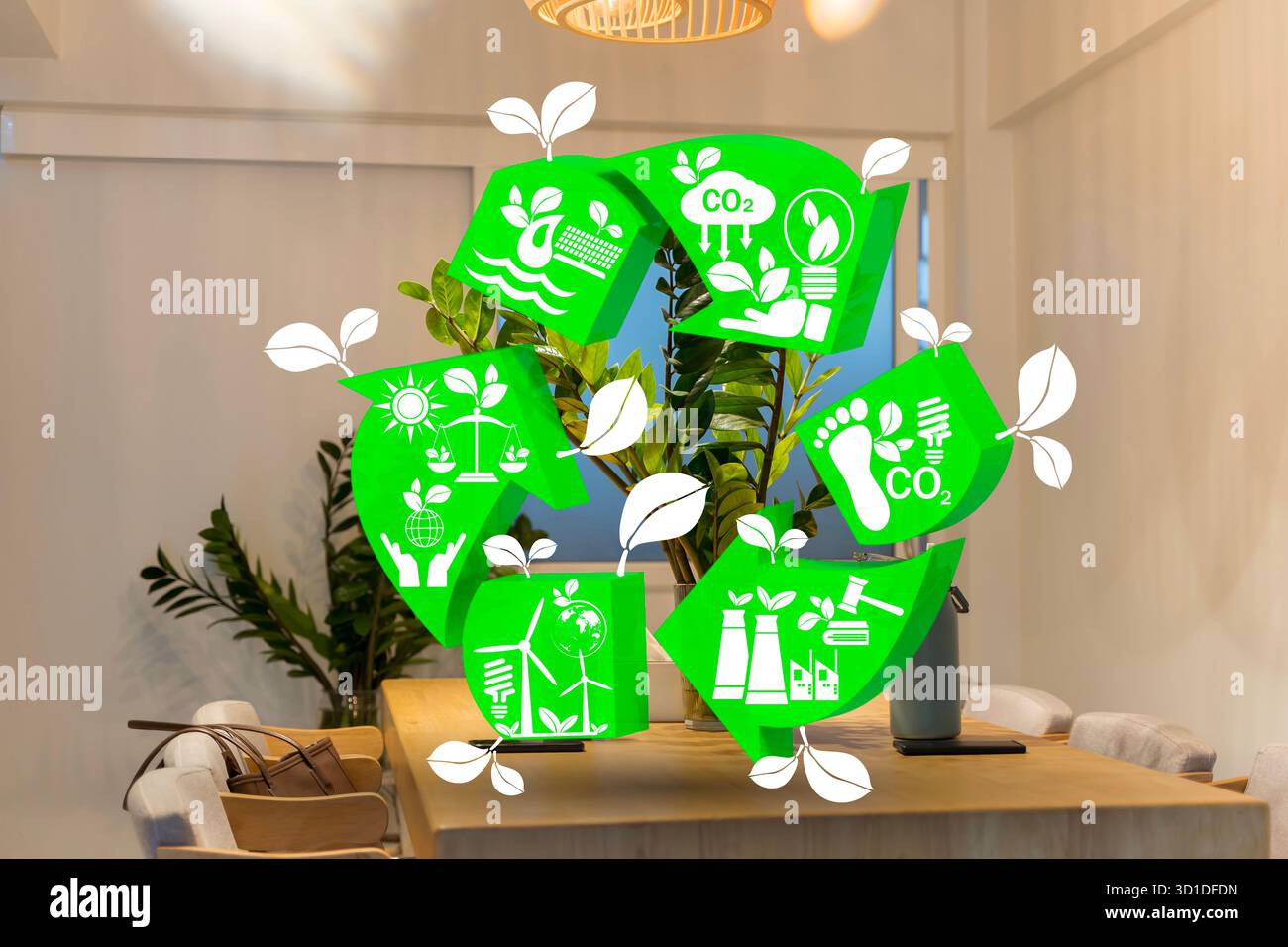 Concetto ecologico con simboli di riciclo verde e icone a foglia che rappresentano sostenibilità, energie rinnovabili, consapevolezza del cambiamento climatico, stile di vita verde Foto Stock