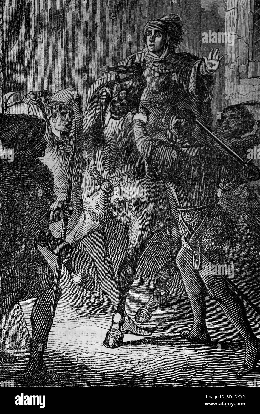 Francia. L'assassinio del duca d'Orleans a Parigi, durante il regno di Carlo vi, 1407 per ordine del duca di Borgogna, John Fearless. Questo assassalto scatenò la guerra civile tra le fazioni Armagnac e Borgogna. Incisione, XIX secolo. Foto Stock