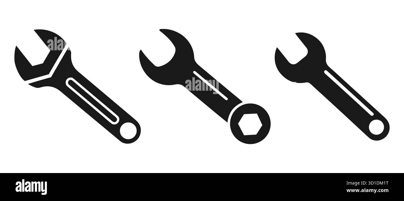 Set icone chiave. Sagome degli utensili regolabili, combinate e aperte per uso meccanico, di riparazione e di progettazione industriale. Illustrazione Vettoriale