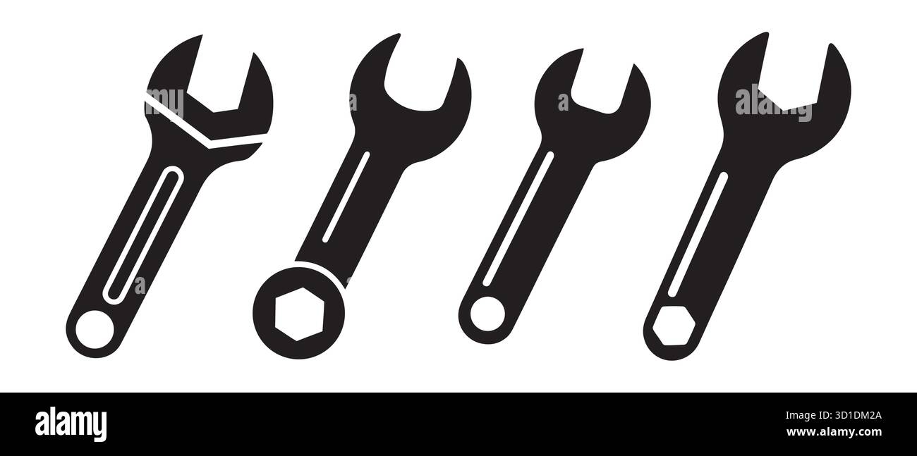 Set icone chiave. Sagome degli utensili regolabili, combinate e aperte per uso meccanico, di riparazione e di progettazione industriale. Illustrazione Vettoriale