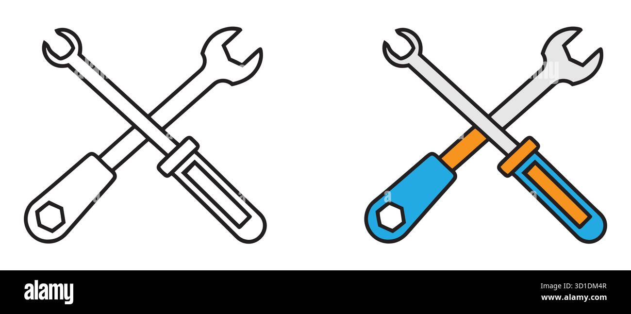 Icona chiave e cacciavite incrociati. Simboli dello strumento colore e contorno per la riparazione e la manutenzione. Illustrazione Vettoriale