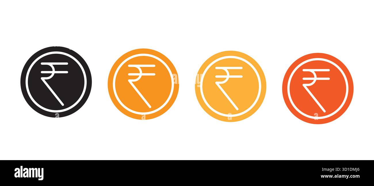 Icone del simbolo della rupia indiana. Grafica multicolore di valuta circolare per la finanza e la progettazione economica. Illustrazione Vettoriale