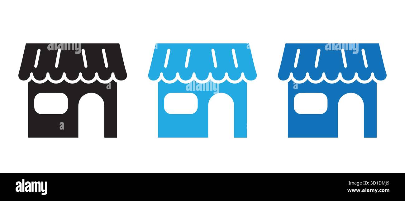 Icone colorate del punto vendita. Simboli Flat Design Shop per il Branding aziendale, retail ed e-Commerce. Illustrazione Vettoriale