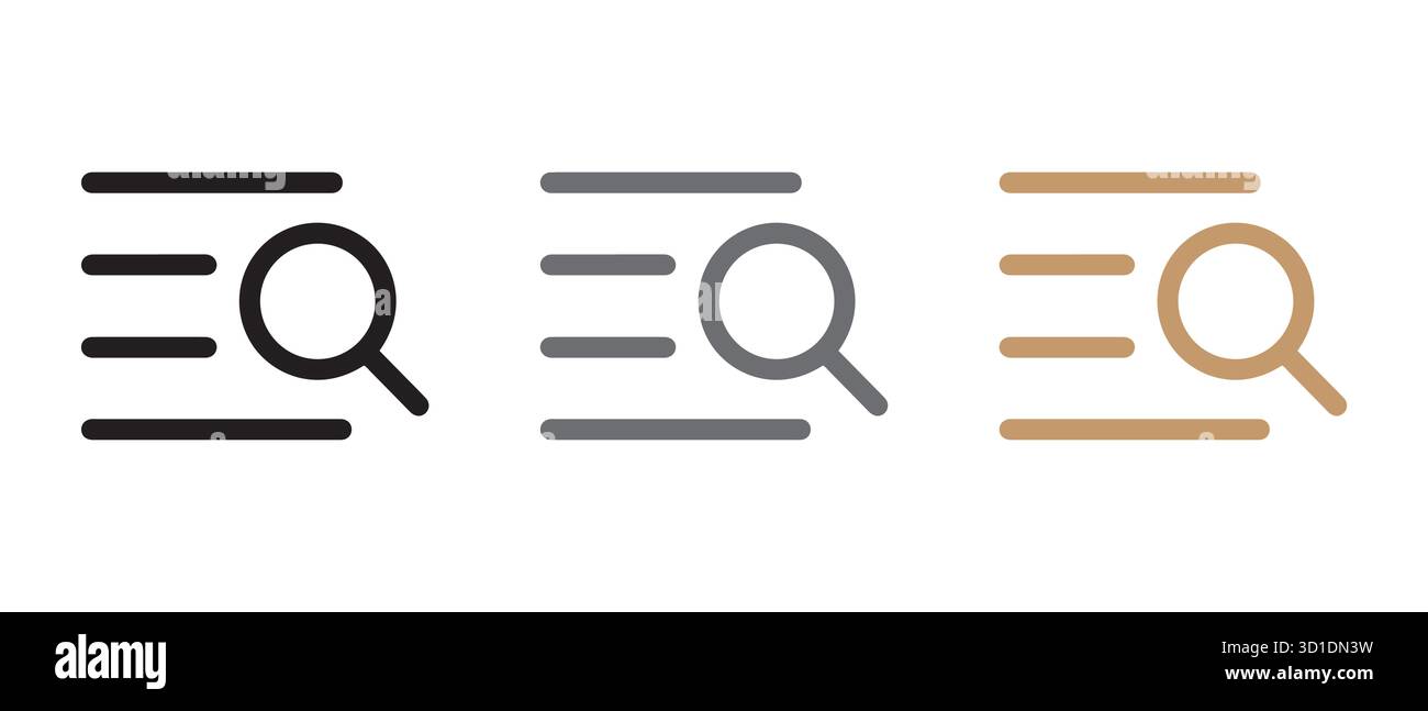 Set di icone Cerca e ispeziona. Lente d'ingrandimento nera, grigia, marrone su righe di testo. Illustrazione Vettoriale
