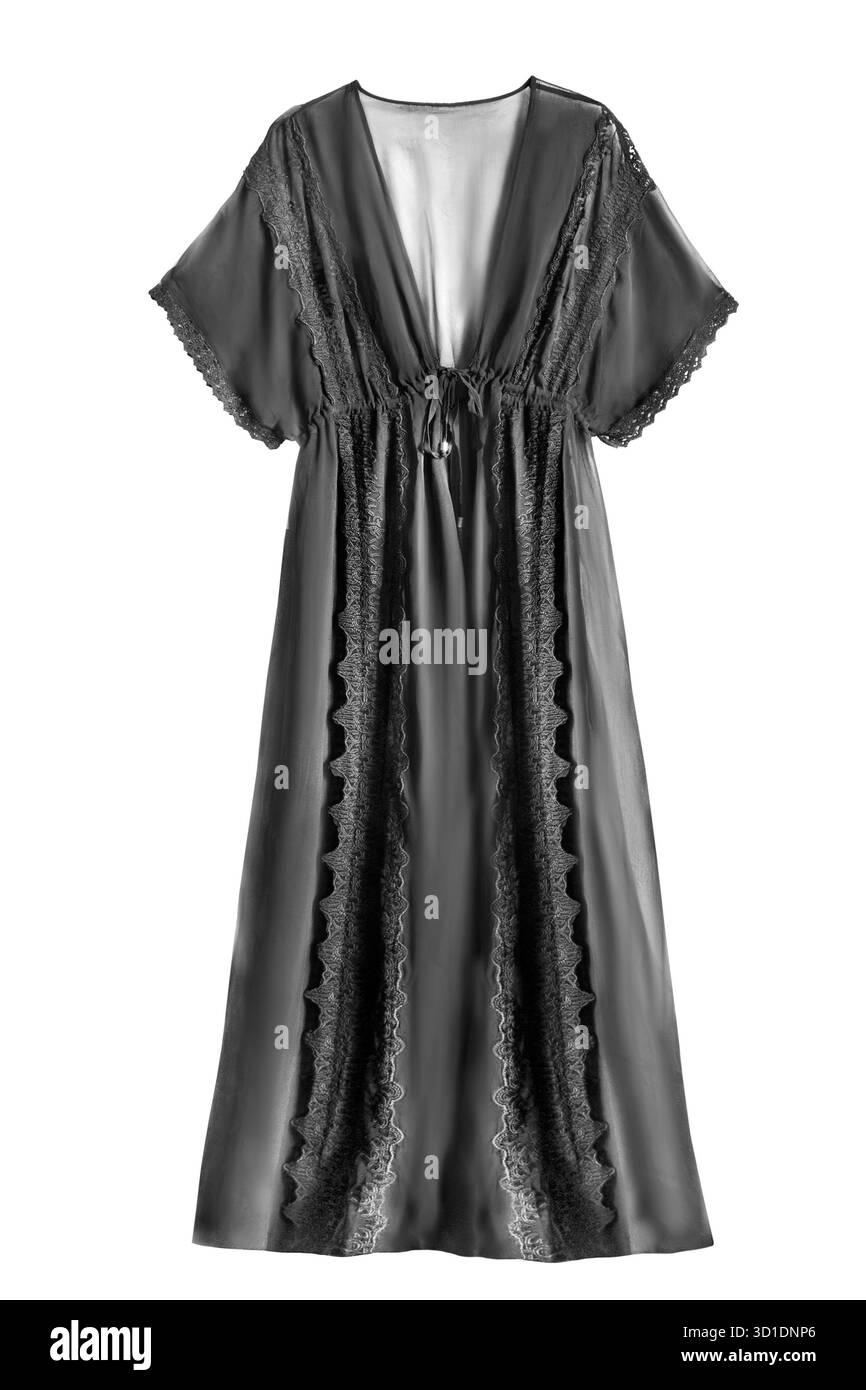 Elegante abito lungo in chiffon nero con lacci isolati sul bianco Foto Stock