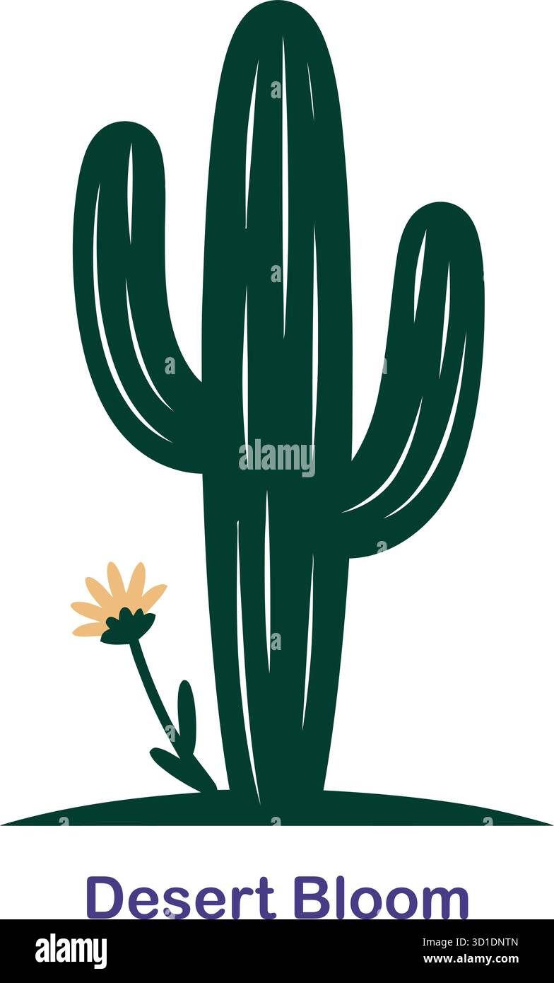 Desert Bloom Cactus Vector – icona della natura stilizzata con fiore e testo per temi aridi Illustrazione Vettoriale