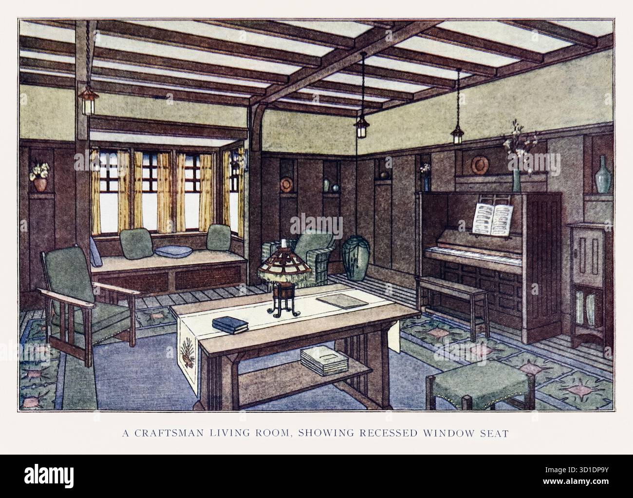 «A Craftsman living, showing recesses window seat» illustrazione tratta da «The Living Room, its many Use and its possibilities for comfort and Beauty» di Raymond Unwin (1863-1940) pubblicato nel 1901 su «The Craftsman» a cura di Gustav Stickley (1858-1942). Foto Stock