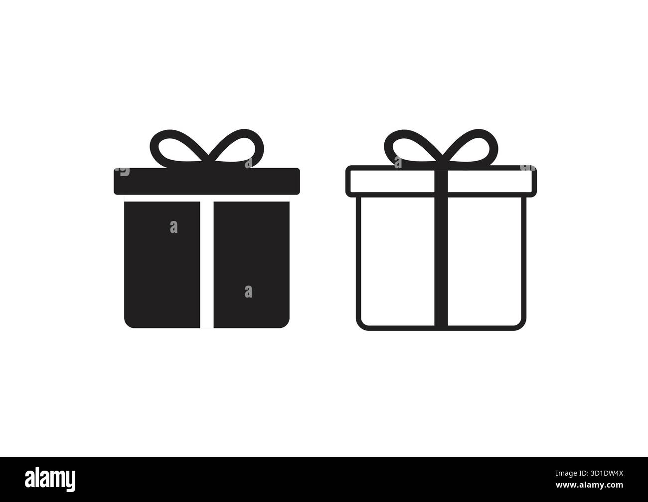 Icone della confezione regalo - Set di simboli regalo in nero fisso e contorno. Set di icone della confezione regalo in stile line. Confezione regalo semplice simbolo nero per app e Illustrazione Vettoriale