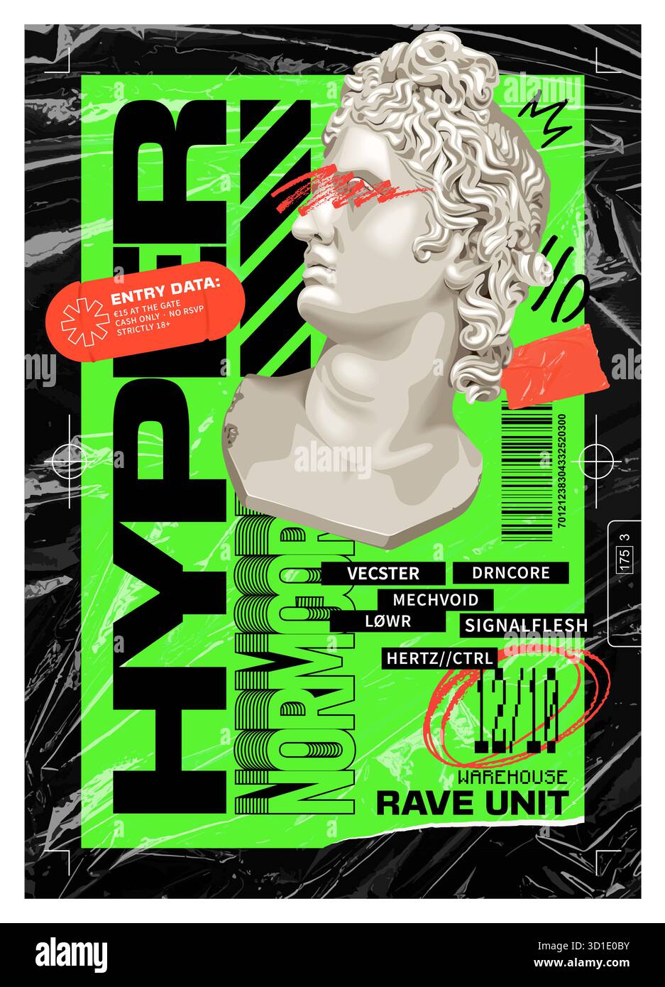 Poster acido rave. Statua di Apollo. Elementi grafici utilitari e Street art. Tipografia stile tecno. Sfondo a trama sacca di plastica. Brutalismo, maximalismo ed estetica punk. Vettore EPS10. Illustrazione Vettoriale