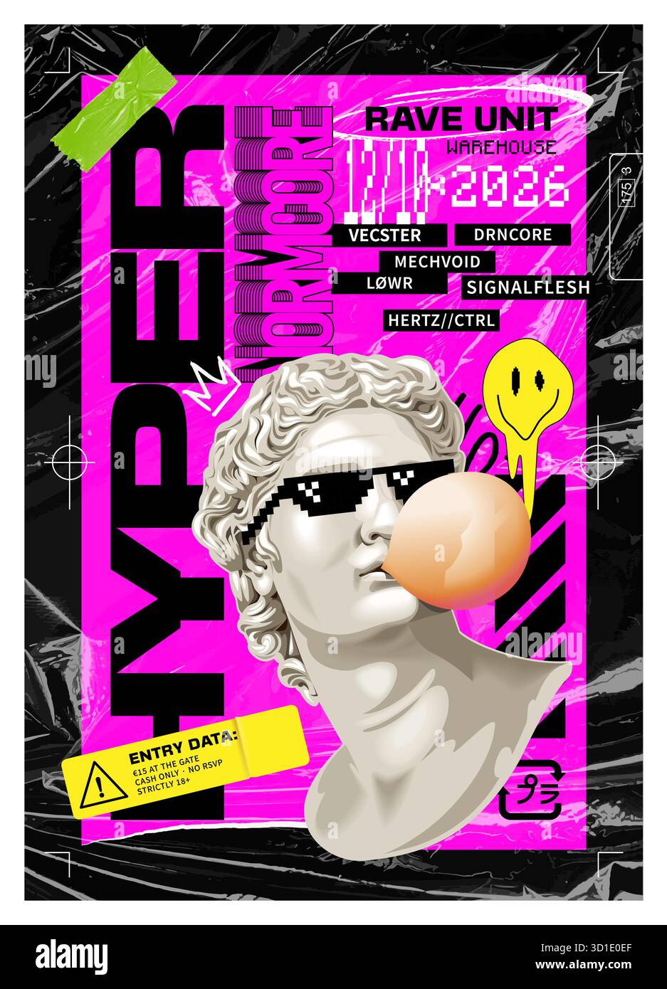 Poster acido rave. La statua di Apollo in pixel Glasses soffia di gomme. Sfondo a trama sacca di plastica. Tipografia stile tecno. Elementi grafici pratici. Brutalismo, maximalismo ed estetica punk. Illustrazione Vettoriale