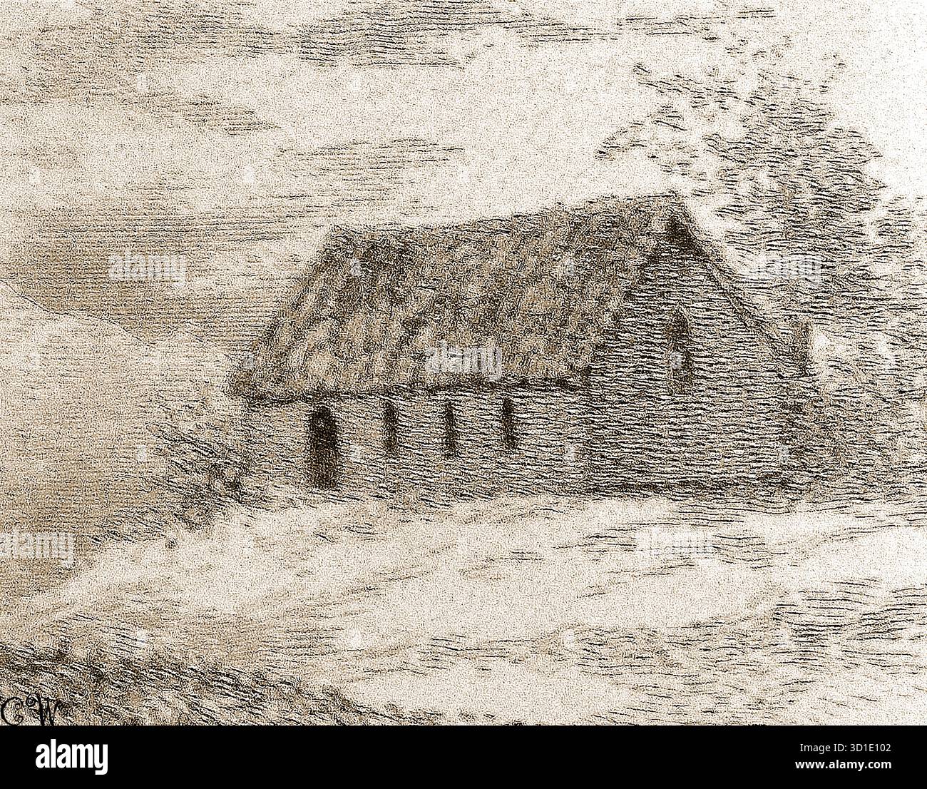 Un'impressione del 1897 dell'artista della prima chiesa in vimini costruita a Glastonbury. Intorno al 1130, Guglielmo di Malmesbury la descrisse come "l'antica chiesa di Glastonbury in "brushwood", riferendosi ad essa come costruita da San Giuseppe d'Arimatea. Quando si recò in Gran Bretagna dopo la crocifissione di Cristo, portando con sé il Sacro Graal. Si diceva che fosse costruito con un mucchio e un pupazzo. Foto Stock