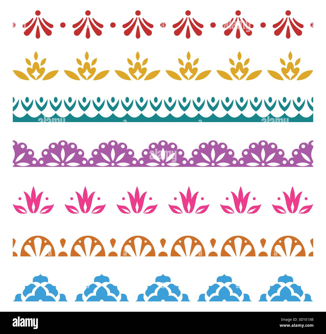 Collezione di design di bordo colorato orizzontale floreale messicano senza cuciture - Set ornamentale di Vector d'arte popolare tradizionale Illustrazione Vettoriale