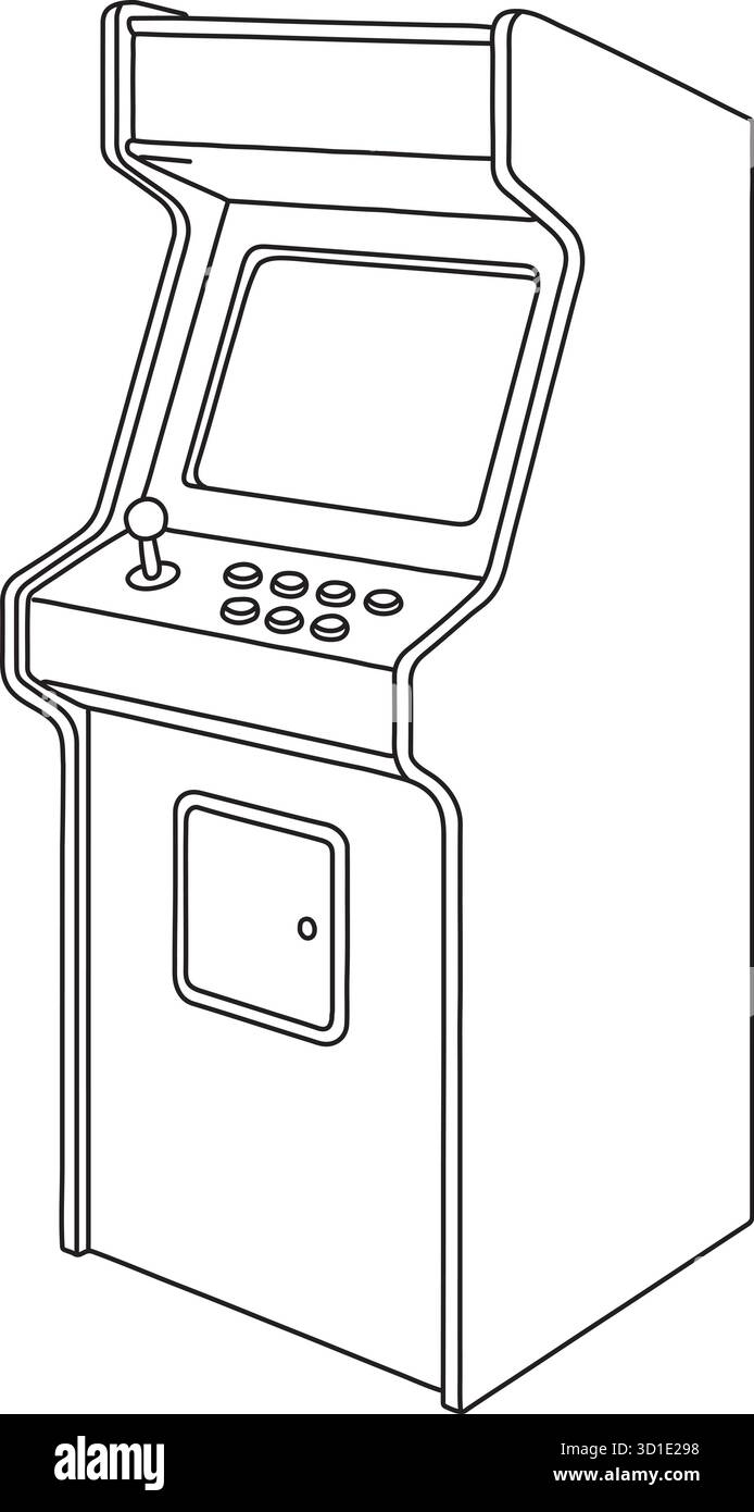 Un classico armadietto da gioco a gettoni con pannello di controllo dello schermo e sportello inferiore è disegnato in line art Illustrazione Vettoriale