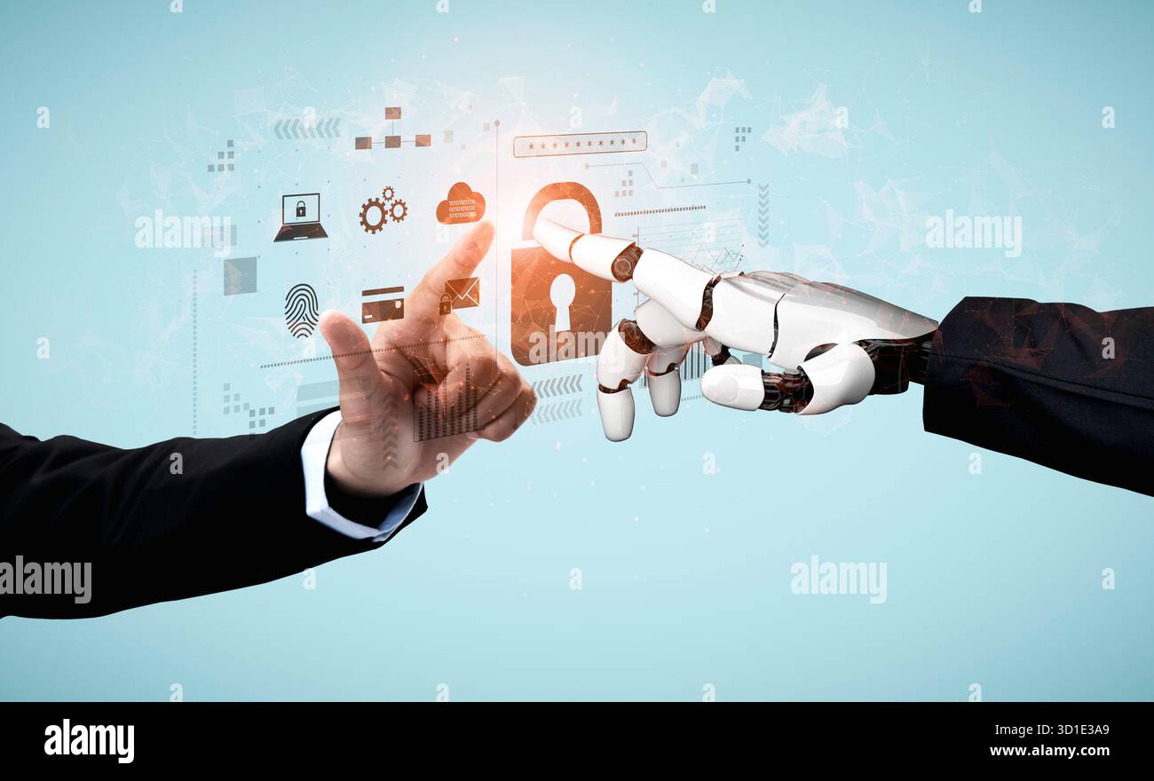 Sistema di blocco basato SULL'INTELLIGENZA ARTIFICIALE che mostra sicurezza informatica avanzata, verifica dell'identità e analisi della protezione dei dati per ambienti digitali sicuri Foto Stock