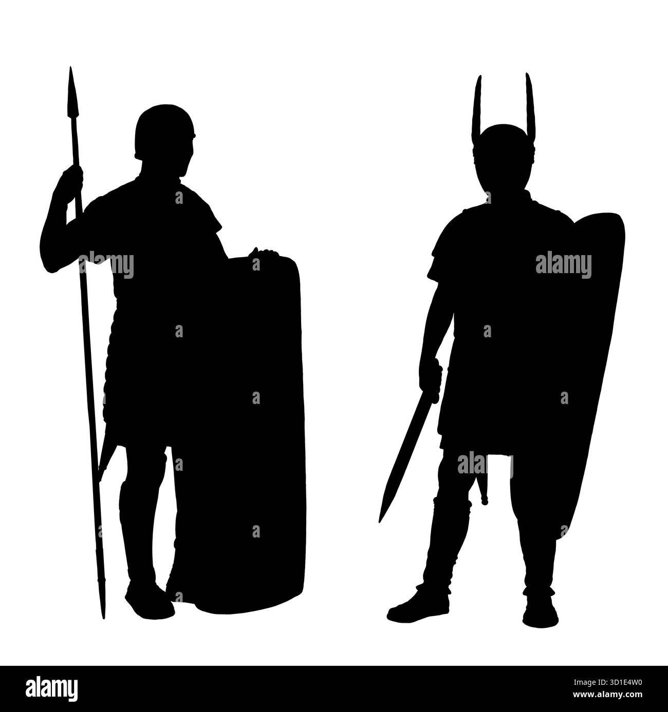 I primi Legionari romani prima della battaglia. Disegno storico della silhouette. Foto Stock