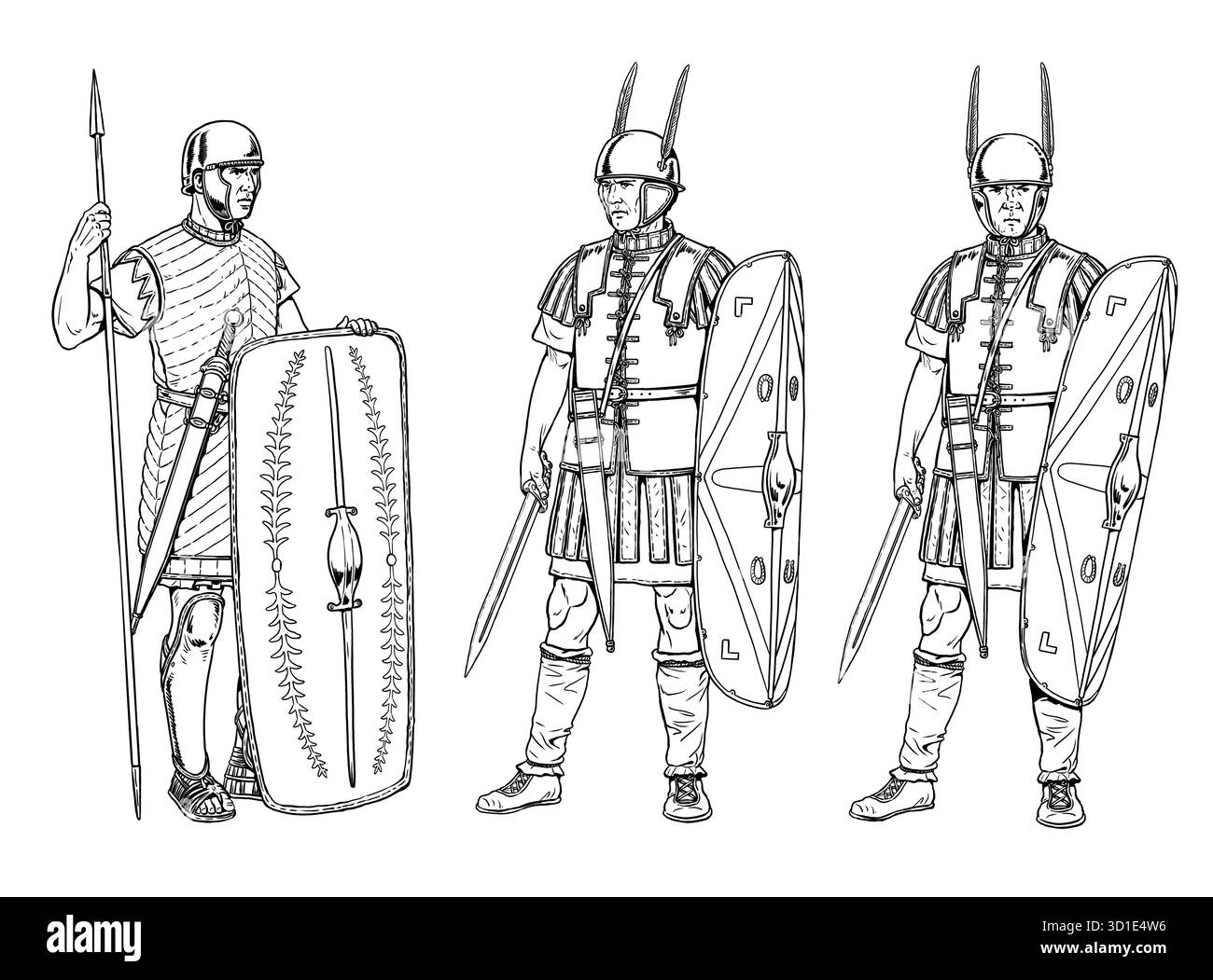 I primi Legionari romani prima della battaglia. Disegno storico. Foto Stock