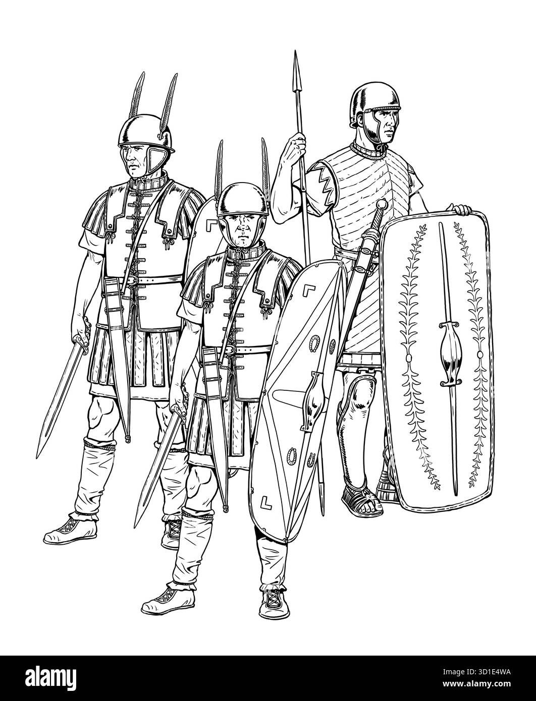 I primi Legionari romani prima della battaglia. Disegno storico. Foto Stock