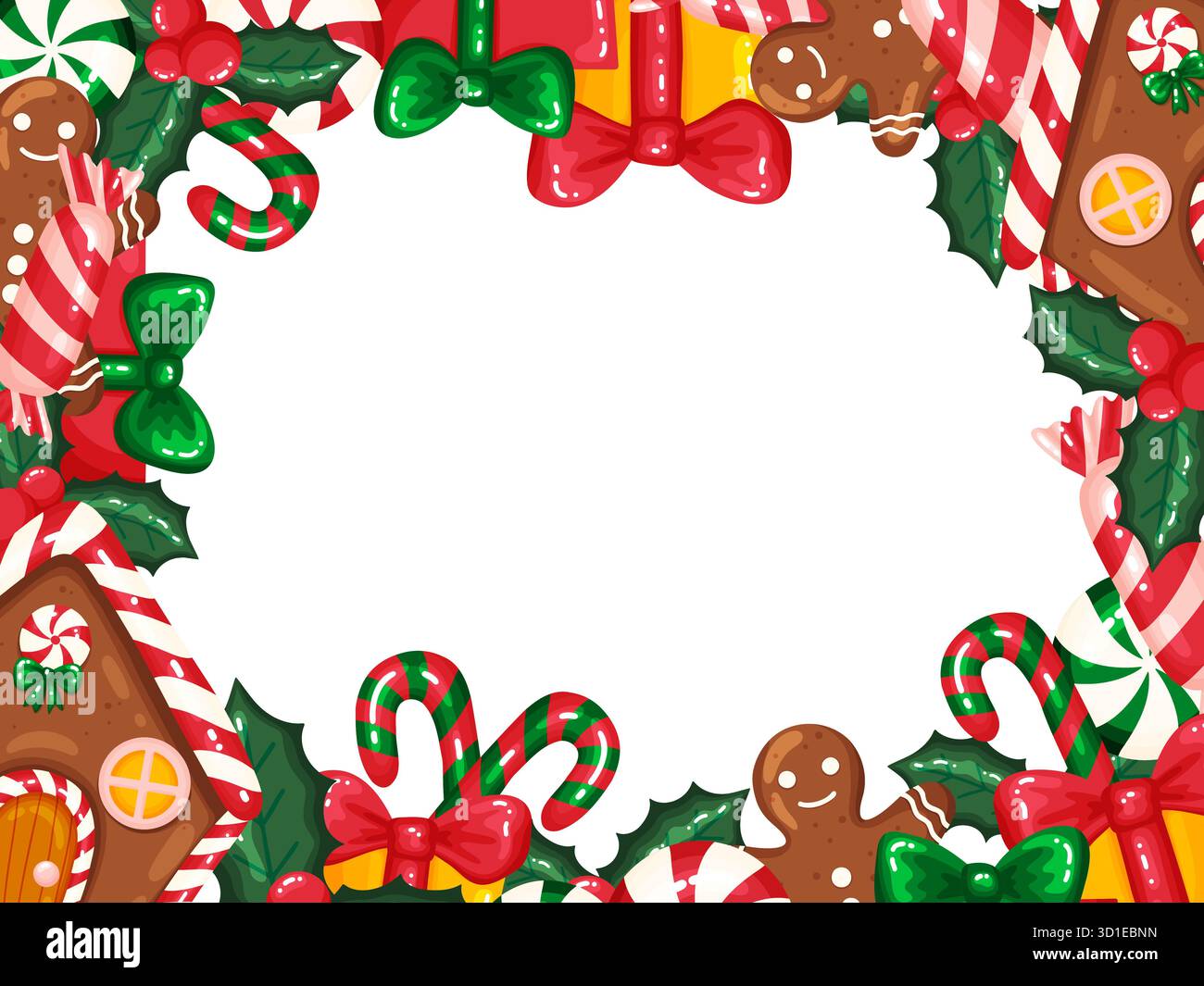 Sfondo ricco e ricco di eventi natalizi, con un bordo pieno di eventi natalizi. Il telaio include case di pan di zenzero, gingerbre Illustrazione Vettoriale