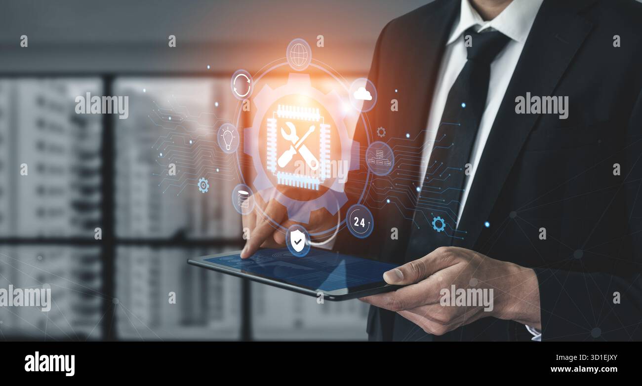 Assistenza IT globale e servizi di manutenzione tecnica. Fornire soluzioni per la manutenzione dei sistemi, garantendo la continuità del servizio con soluzioni IT affidabili 24 ore su 24, 7 giorni su 7 Foto Stock