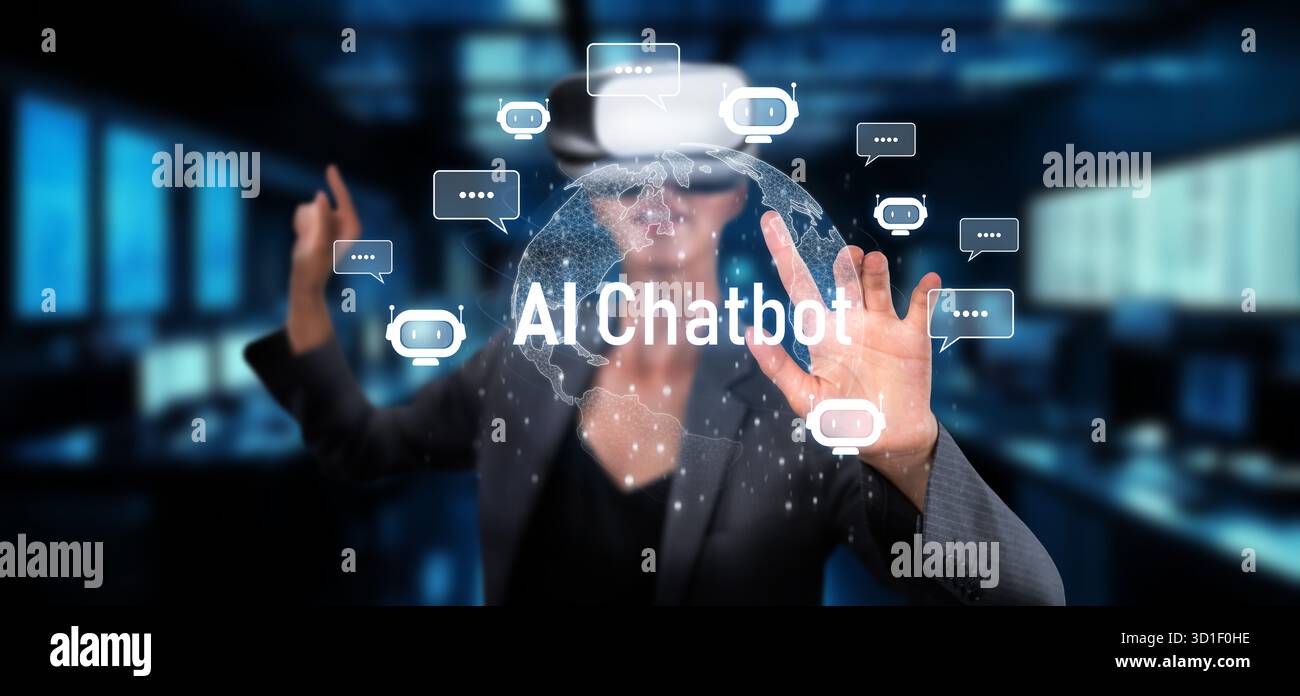 Innovativa tecnologia ai Chatbot per l'assistenza personale in un ambiente di realtà virtuale con apprendimento automatico e elaborazione del linguaggio naturale X. Foto Stock